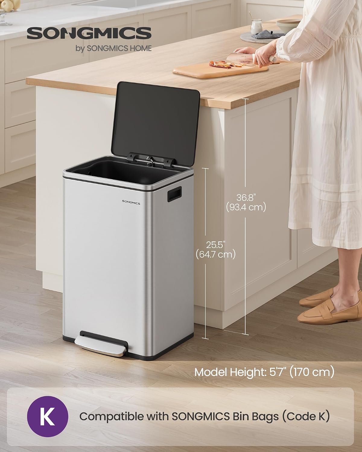 Detalle 2 de SONGMICS Kitchen Bin 50 L with 15 Bin Bags – Stainless Steel, Soft Close, Removable Inner Bucket, with Lid