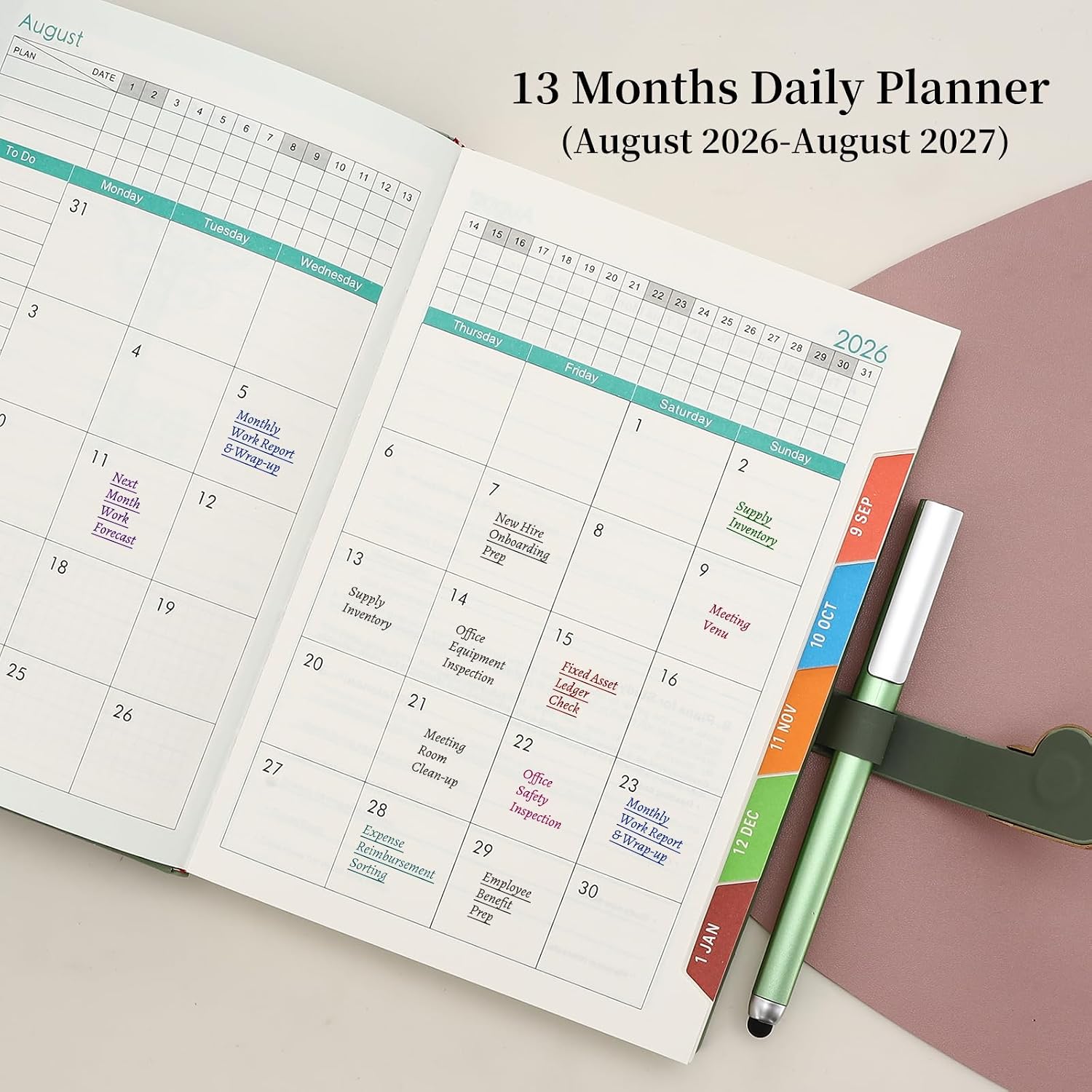 Detalle de Mcdsuc Academic Diary 2026-2027: Day-Per-Page Daily Planner with Colour Monthly Tabs (Green, Hardcover)
