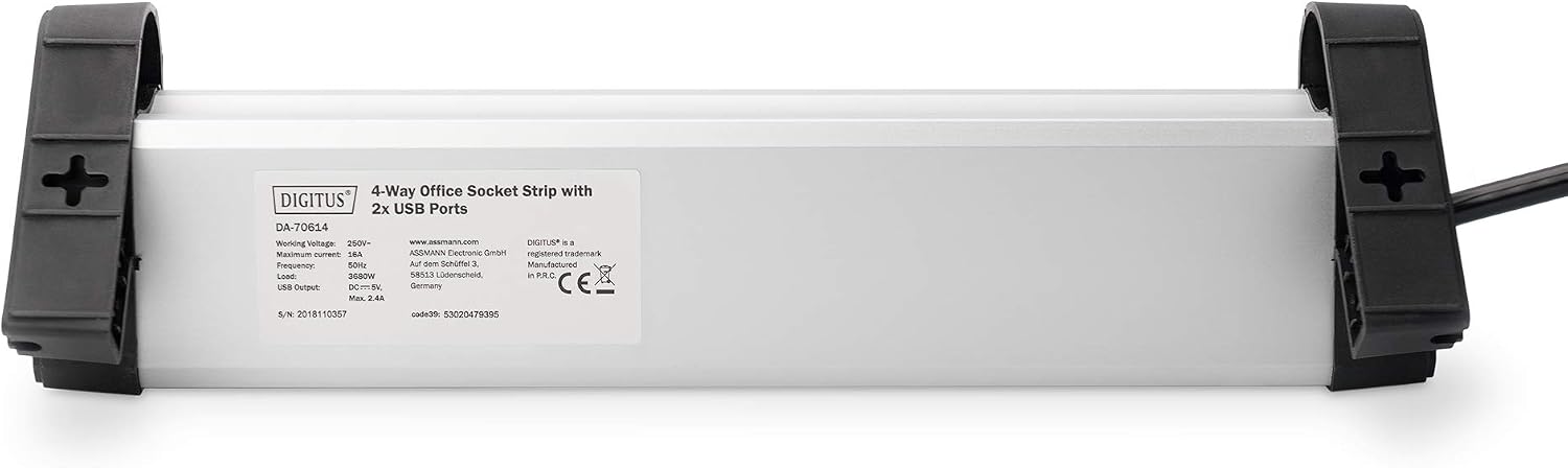 Detalle 2 de DIGITUS DA-70614 — Multiprise avec chargeur USB, 4 prises et 2 ports USB-A, fixation sans perçage