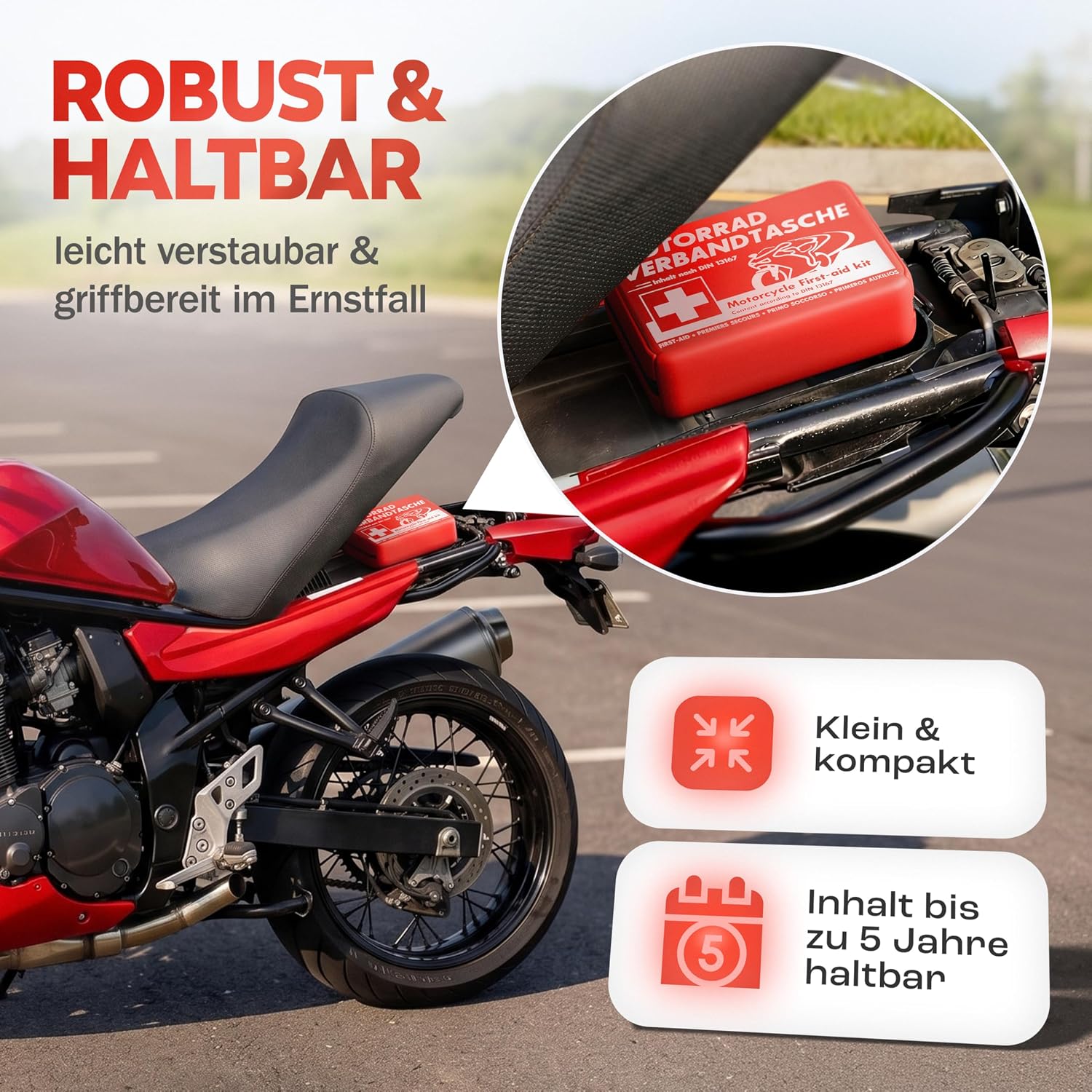 Detalle 2 de Heldenwerk Erste Hilfe Set Motorrad nach aktueller Norm 2026 inkl. Beatmungstuch – Mini Verbandskasten DIN 13167 (StVZO konform)
