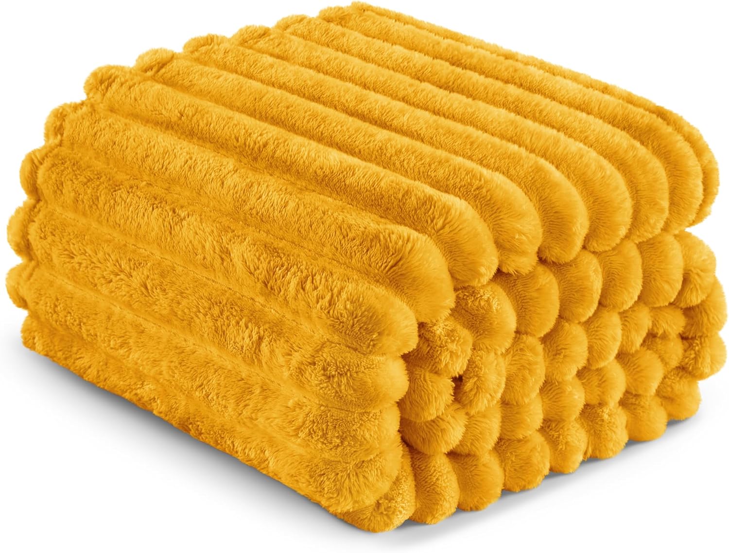 Thumbnail 5 de Exclusivo Mezcla fleece throw blanket for sofa, super-soft striped jacquard 127x152 cm in mustard yellow