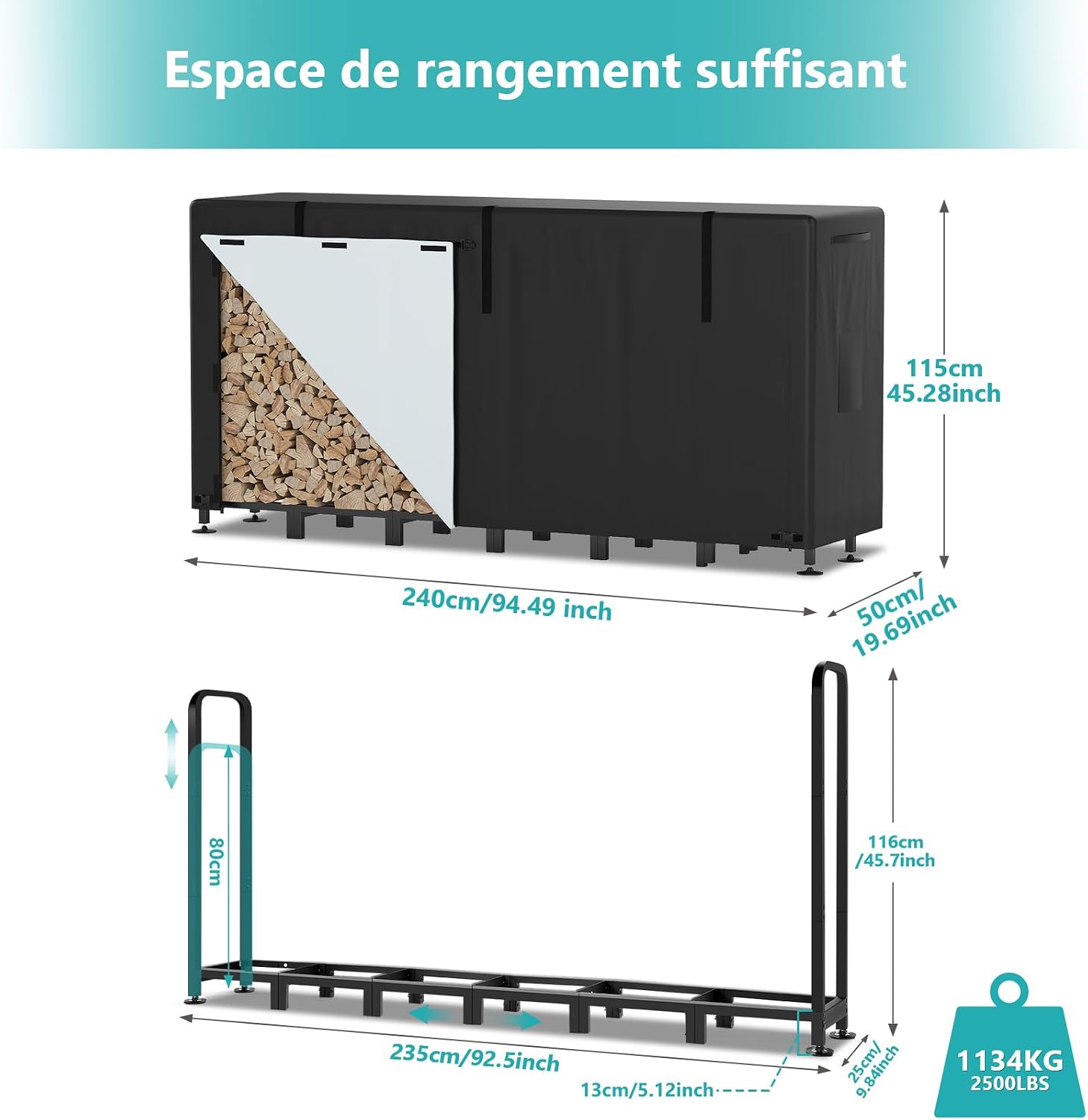 Detalle de Himimi Porte-Bûches Extérieur Réglable avec Abri Bois de Chauffage — 235 x 25 x 116 cm, Capacité 1,2 m³ / 1,4 SRM