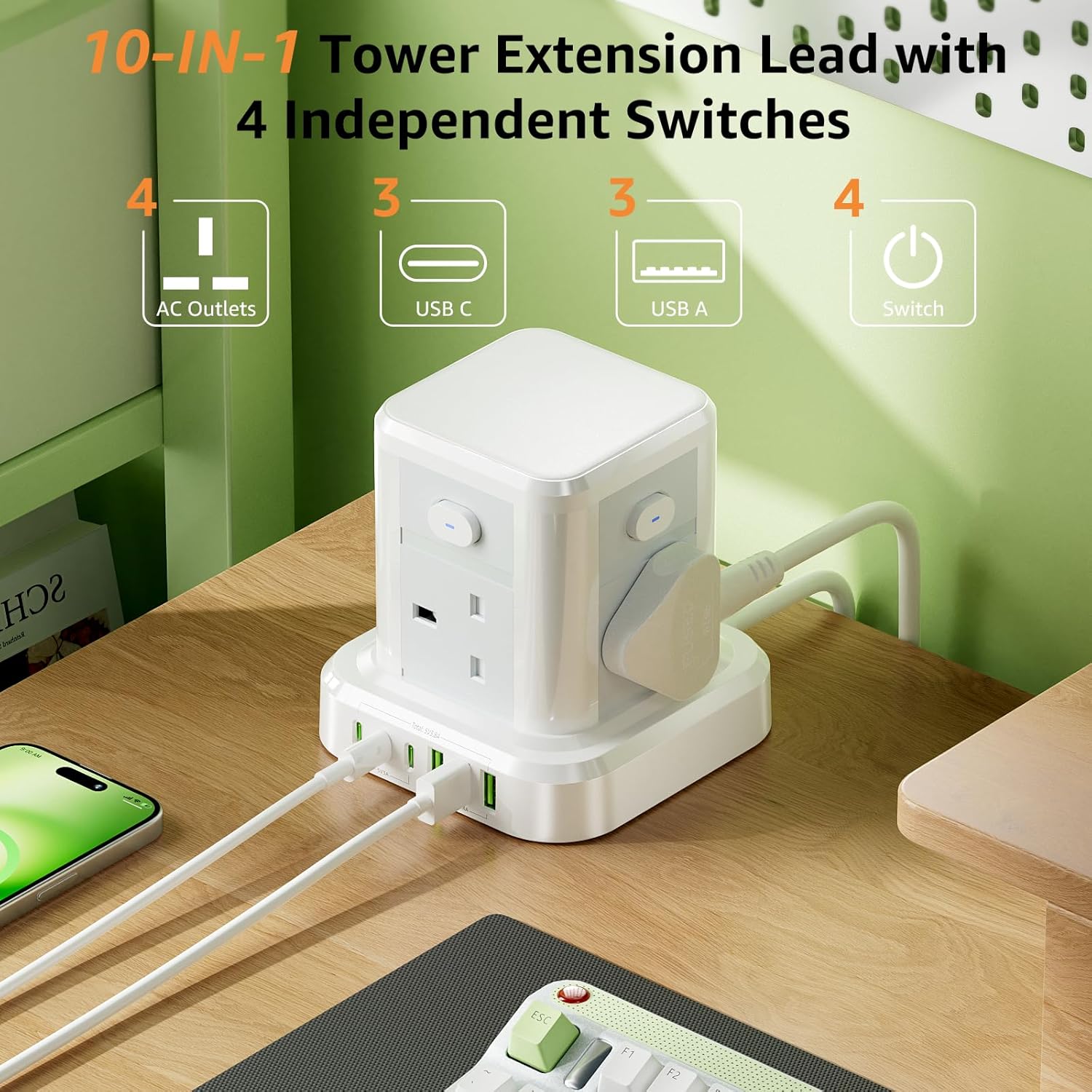 Thumbnail 1 de Cube Extension Lead with USB Slots: 4-Sided Tower Power Strip with 4 AC outlets and 6 USB ports