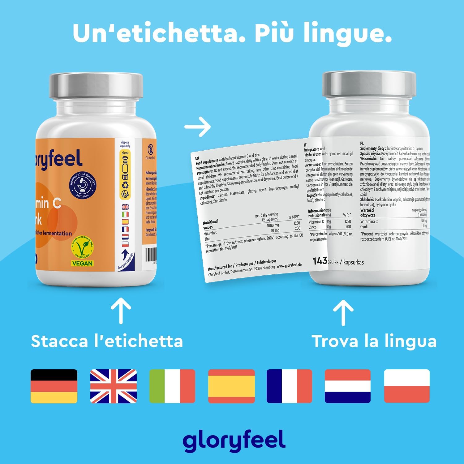 Thumbnail 4 de Gloryfeel Vitamina C 180 Capsule, 500 mg + Zinco 10 mg — integratore difese immunitarie vegan