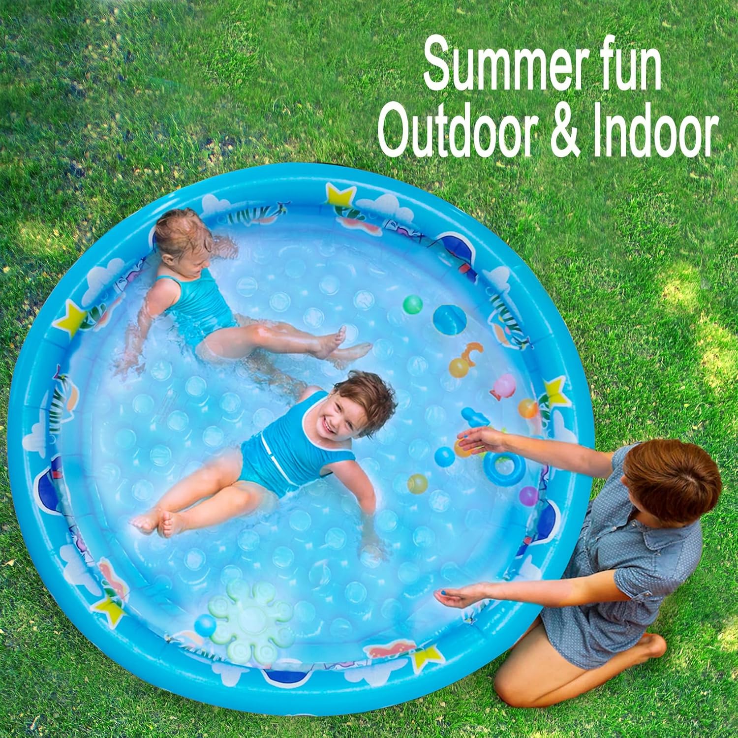 Thumbnail 2 de 3 Rings Kiddie Pool for Toddler, 48” x 12” – Inflatable Baby Pool with Drain, Bubble Bottom, and Durable Vinyl (Blue)