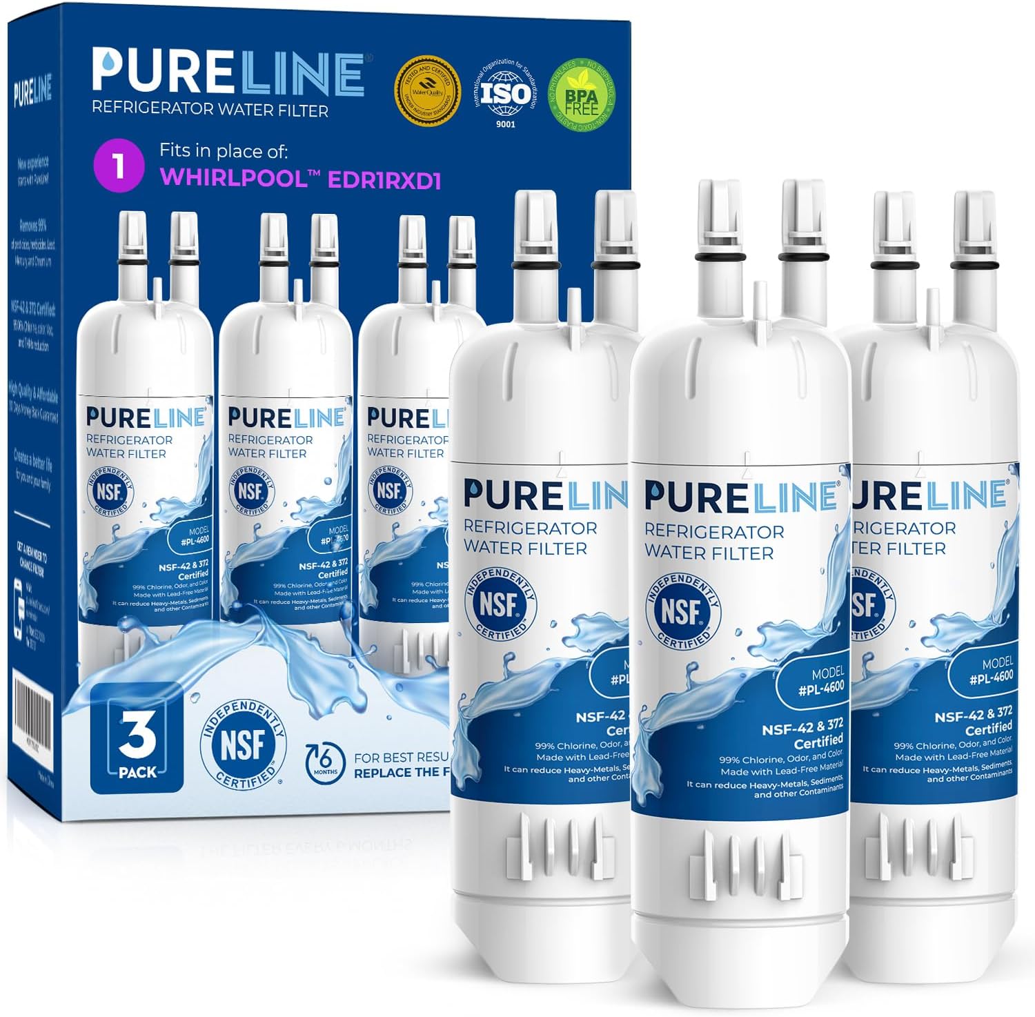 Detalle de PURELINE PL-4600 Refrigerator Water Filter, Coconut Carbon, 3-Pack