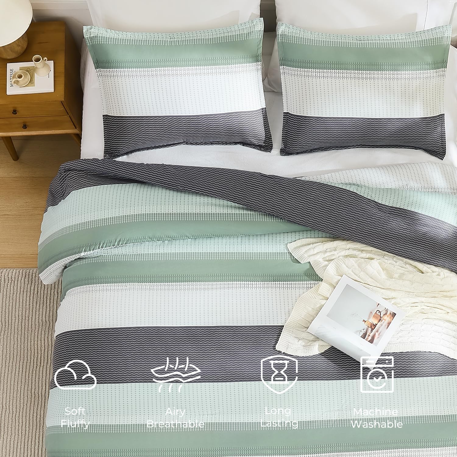 Thumbnail 4 de Litanika King Size Comforter Set (Sage Green) – 3-Piece Lightweight Quilt Bedding, Down Alternative