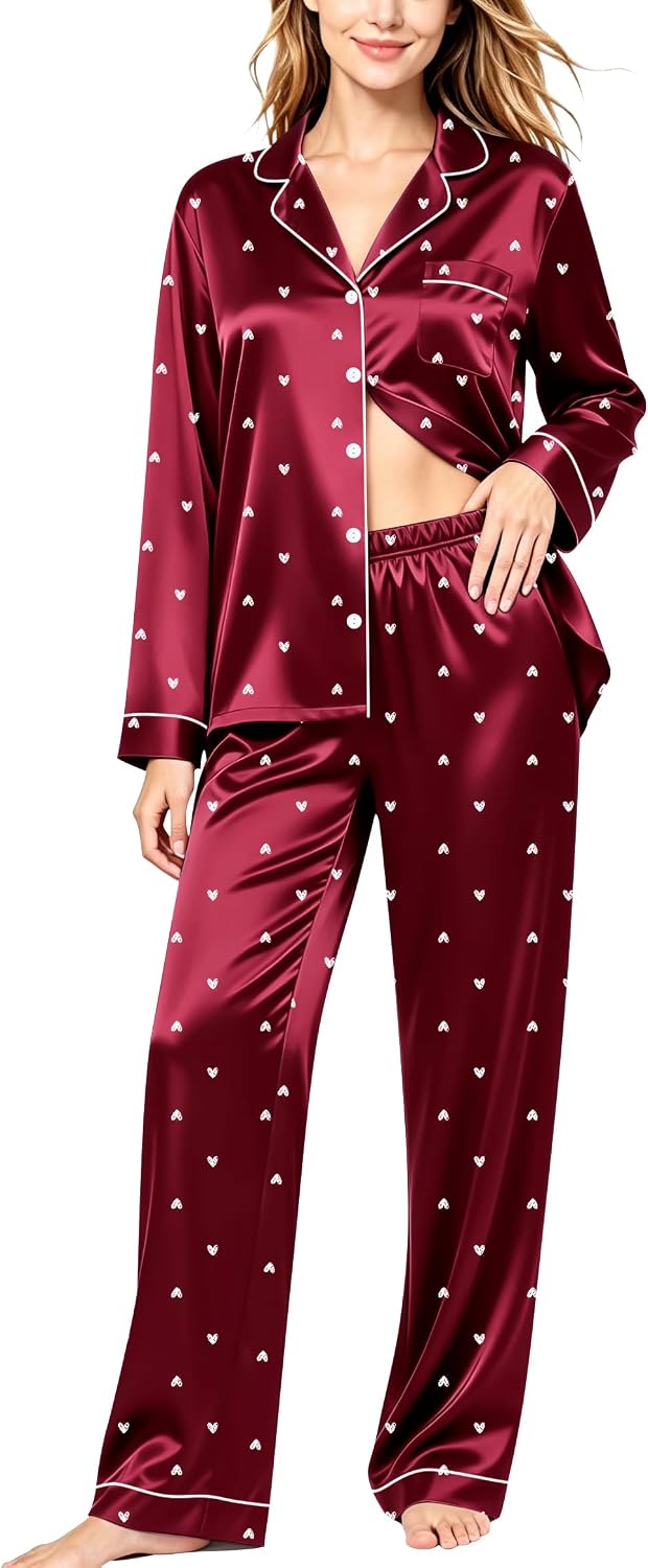Detalle de SWOMOG Women's Satin Pyjama Set, Long-Sleeve Button-Down Two-Piece