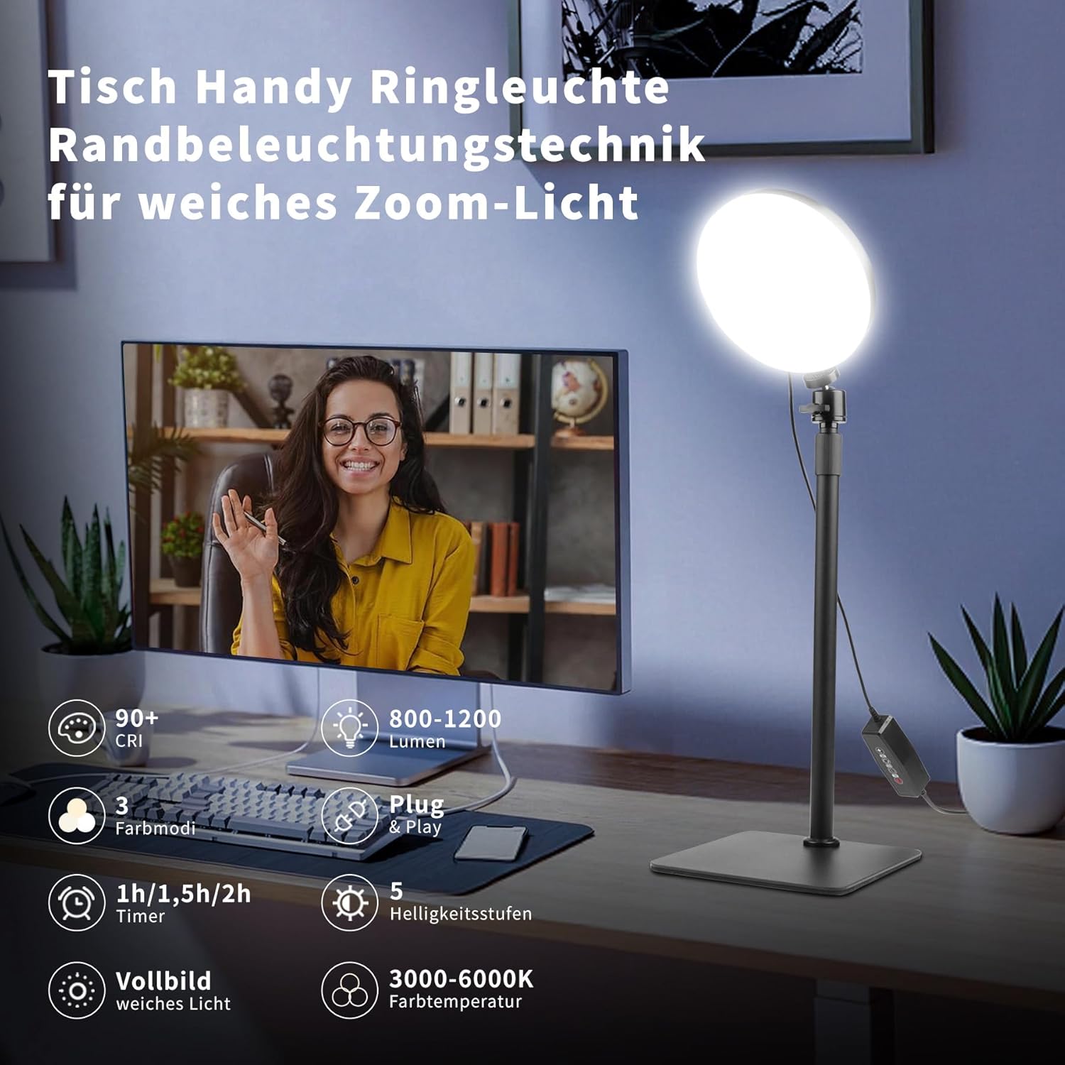 Detalle de Aogled Lumière Vidéo LED pour Conférences Zoom – Kit éclairage USB avec Support Téléphone et 3 modes de couleur