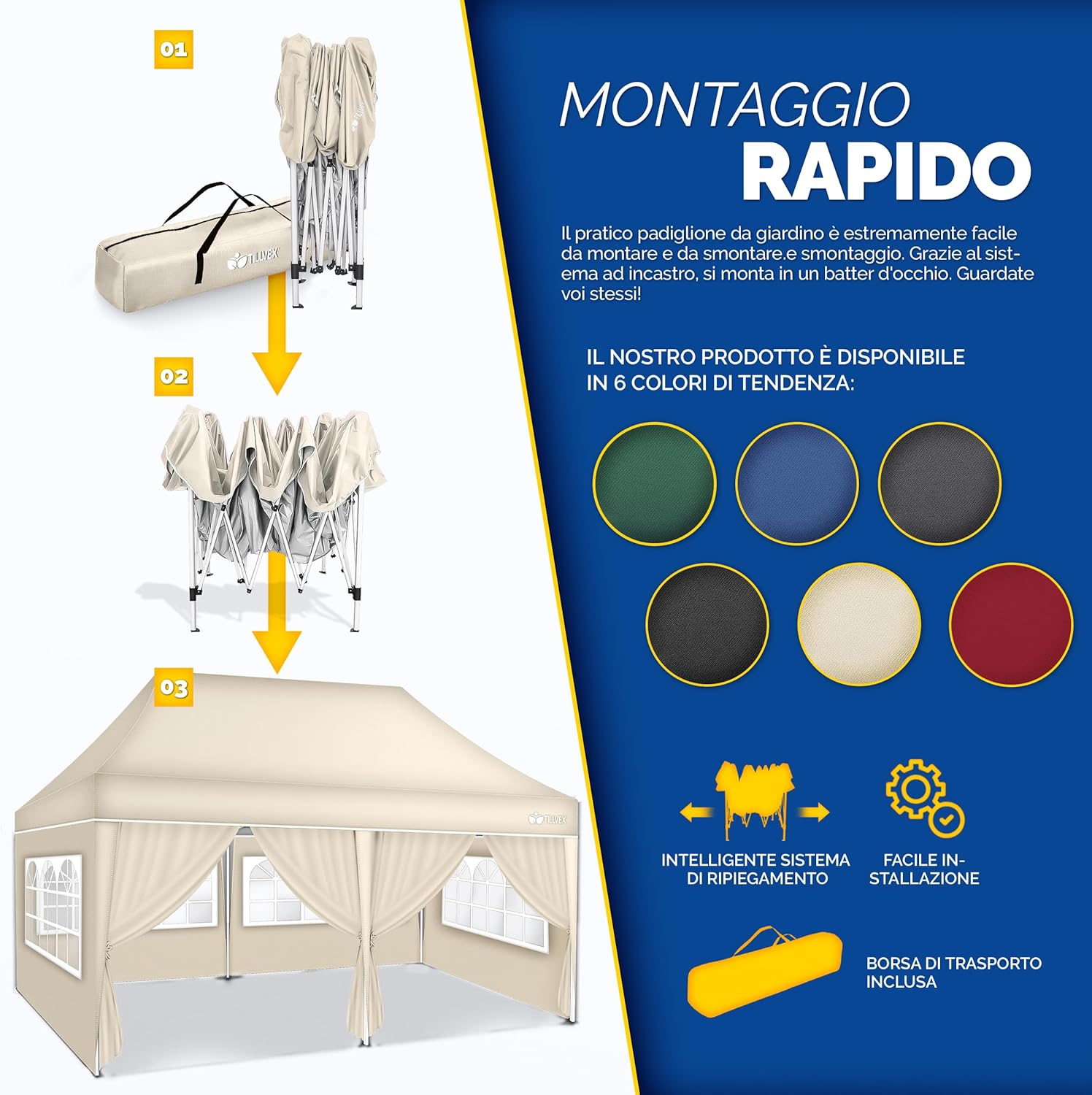 Thumbnail 3 de Gazebo tillvex 3x6 m pieghevole regolabile in altezza con tenda pop-up impermeabile UV 50+ e 6 pannelli laterali (beige)