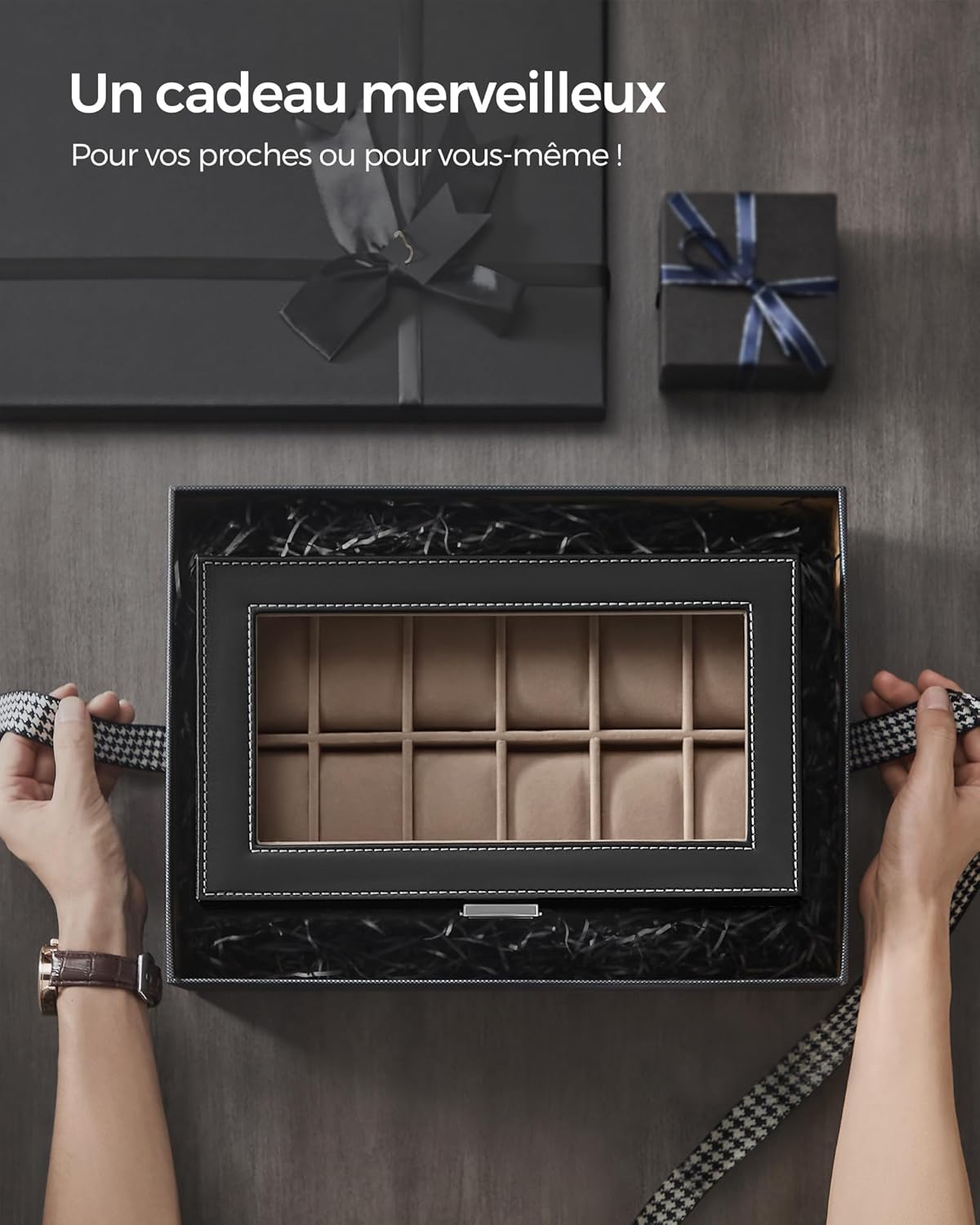 Thumbnail 6 de SONGMICS Boîte à Montres JWB012 – Coffret à 2 niveaux, 12 montres, PU Noir, Doublure beige verdâtre, Verrouillable