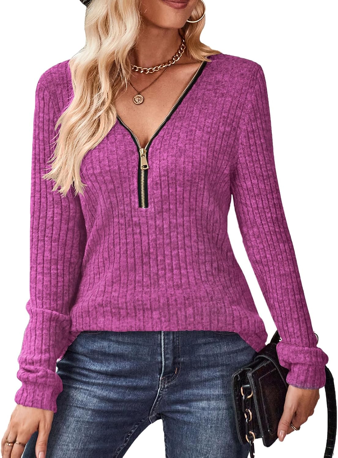 Detalle de Gemulate women’s long sleeve V-neck zip jumper top – lightweight knit striped sweater