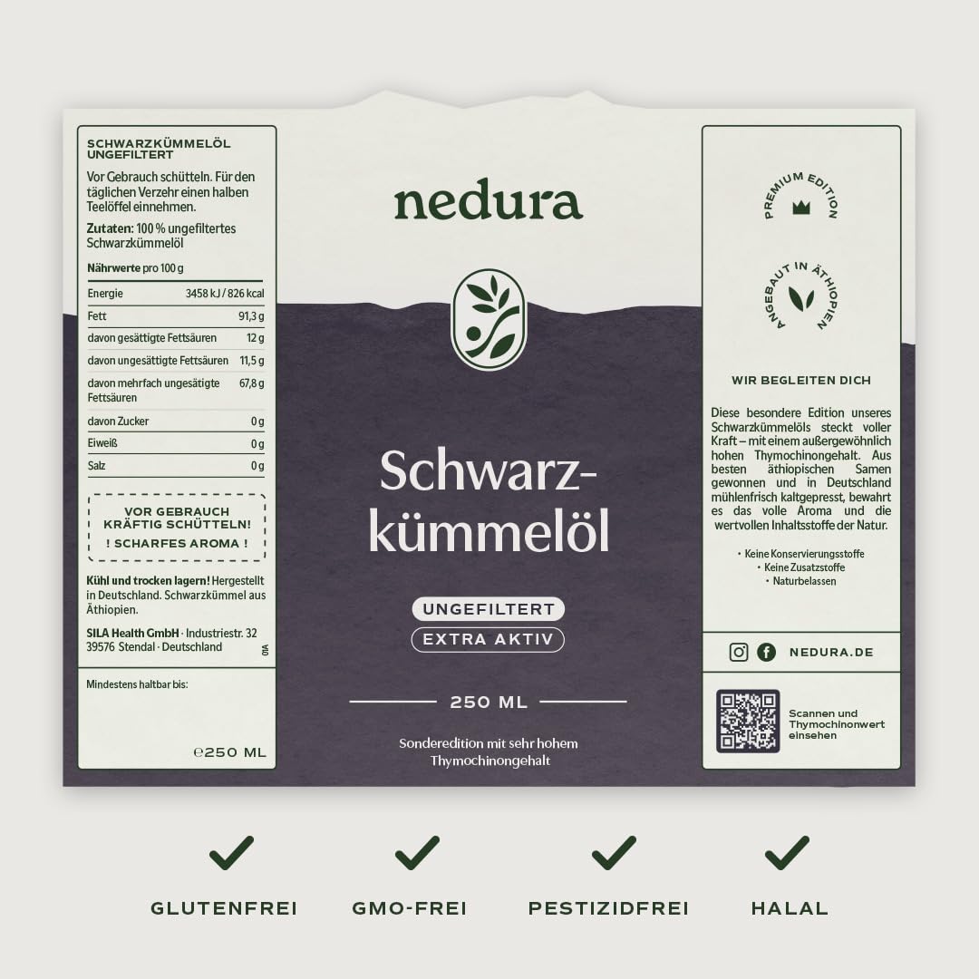 Thumbnail 5 de nedura® Schwarzkümmelöl extra aktiv (ungefiltert) 250 ml – kaltgepresst aus äthiopischem Schwarzkümmel