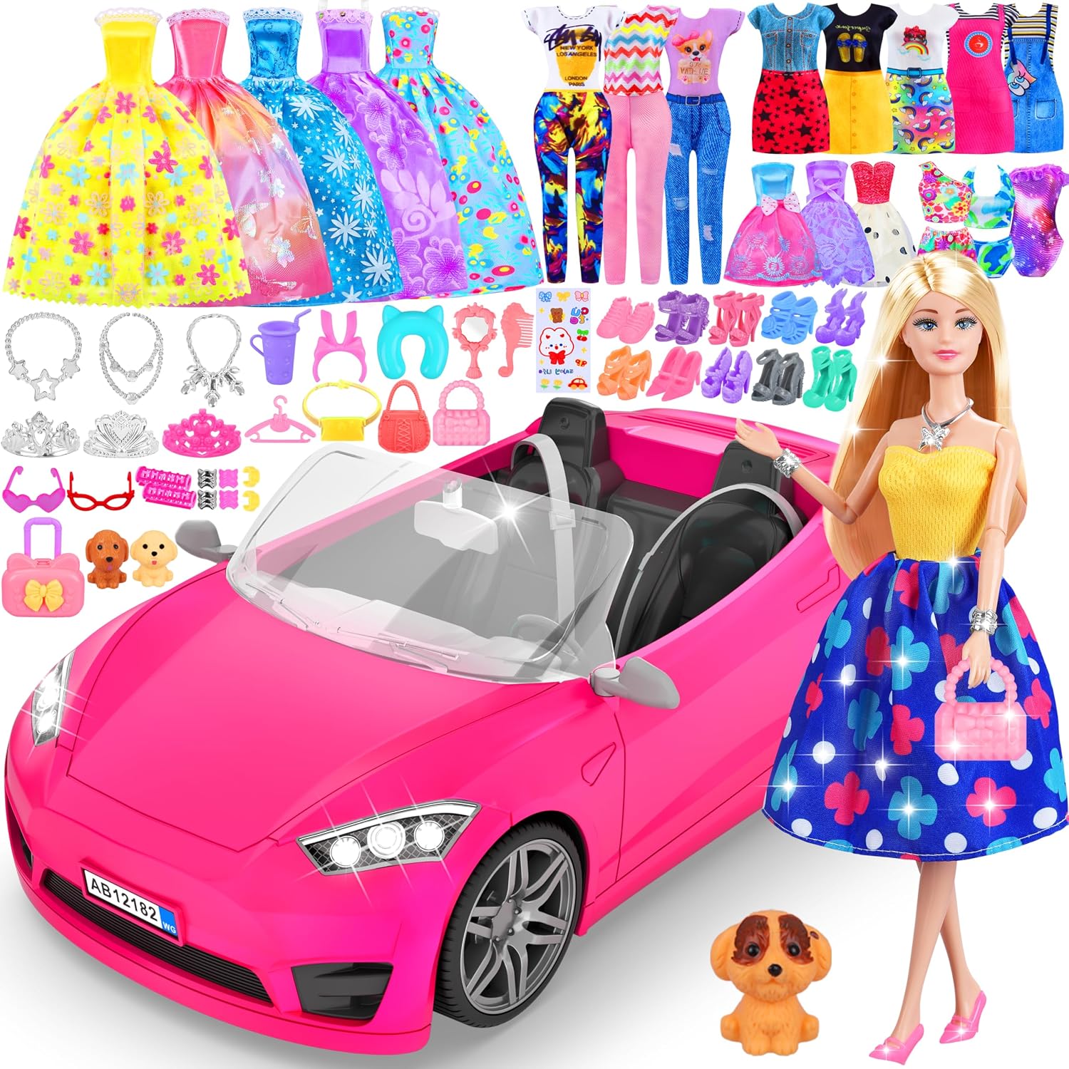 Detalle de MINIFUN 91-Piece Doll Convertible Car Set with Pink Car and Outfit Accessories