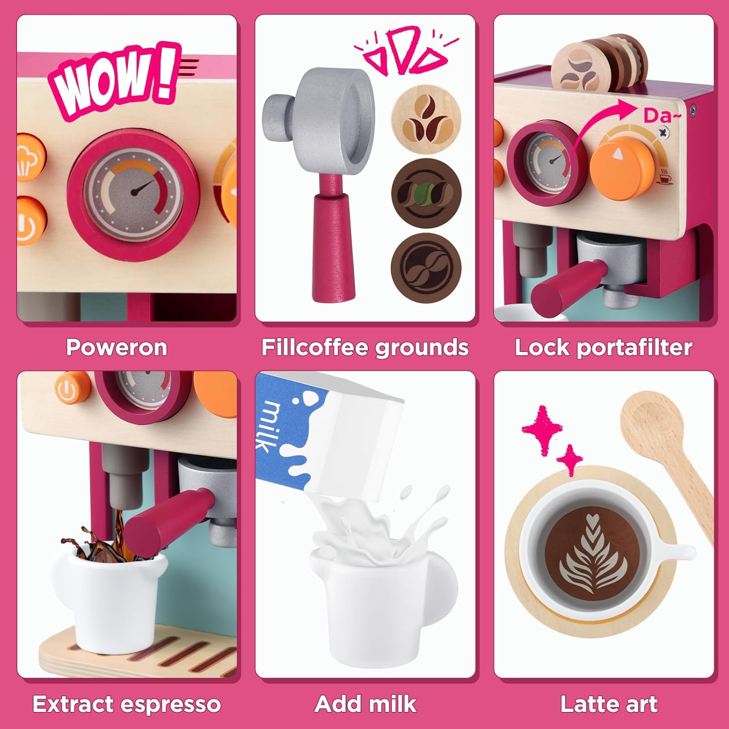 Detalle de GAGAKU Macchina da caffè per bambini in legno, gioco Montessori per bambini da 3 anni con brocca per latte e accessori