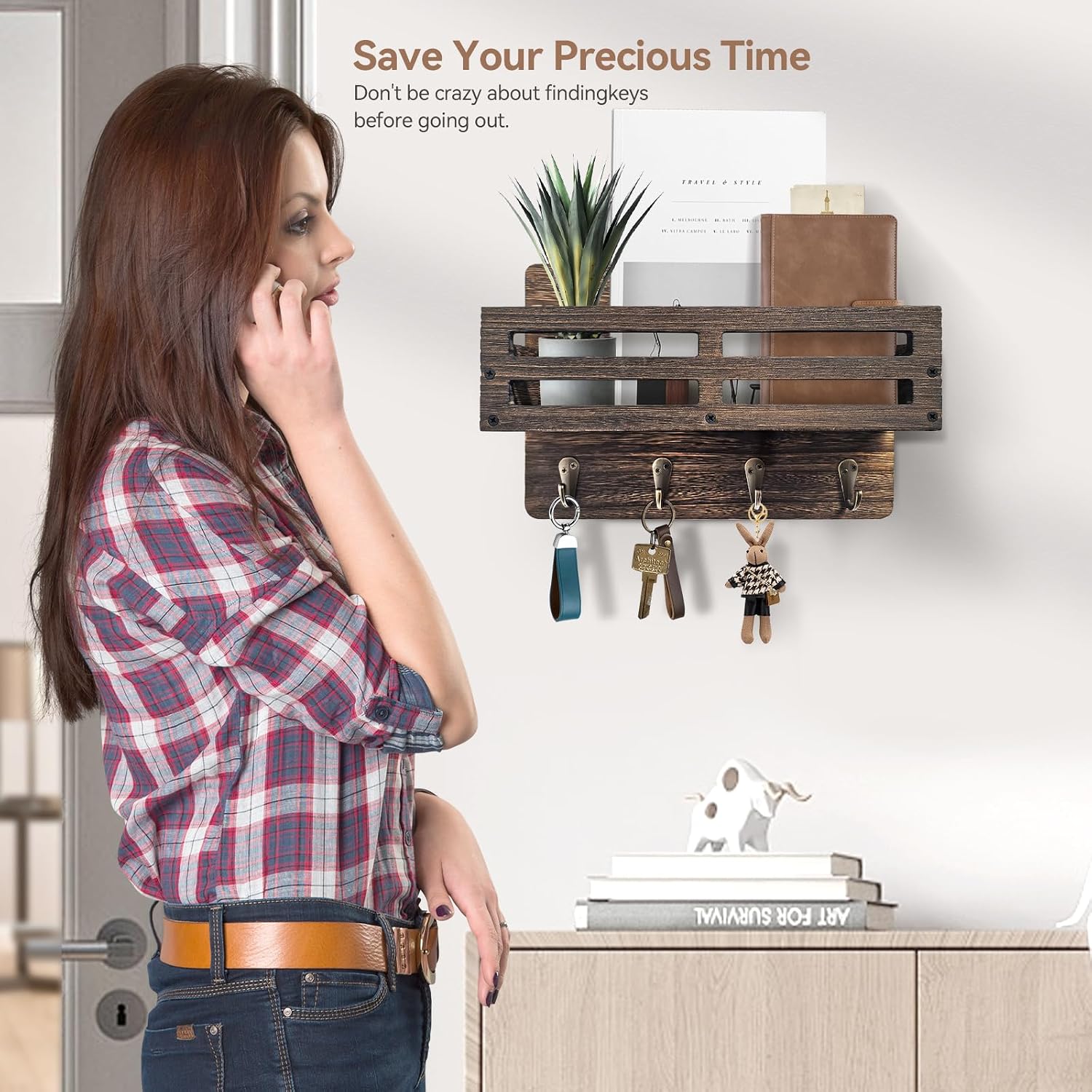 Detalle de KISENG Key Hooks Wall-Mounted Key and Mail Organizer, 4 Hooks, Paulownia Wood