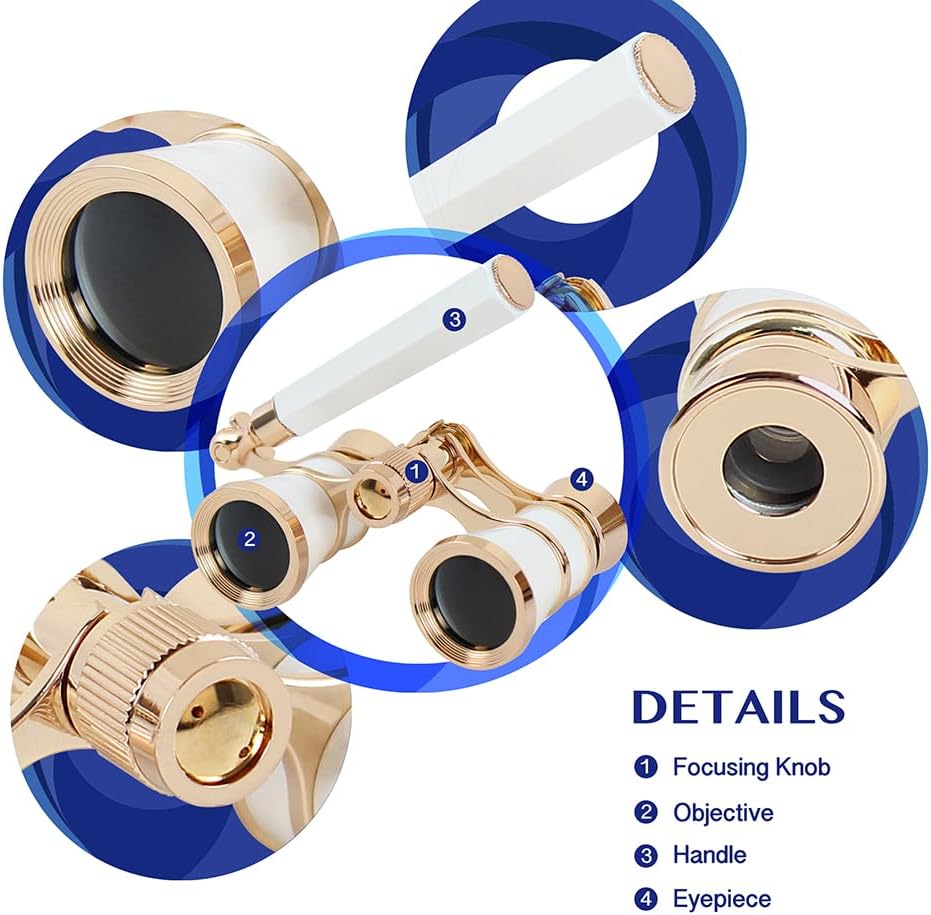 Detalle de Aomekie Theatre Opera Glasses with Handle 3x25 – Compact Folding Binoculars for Theatre and Horse Racing (White)