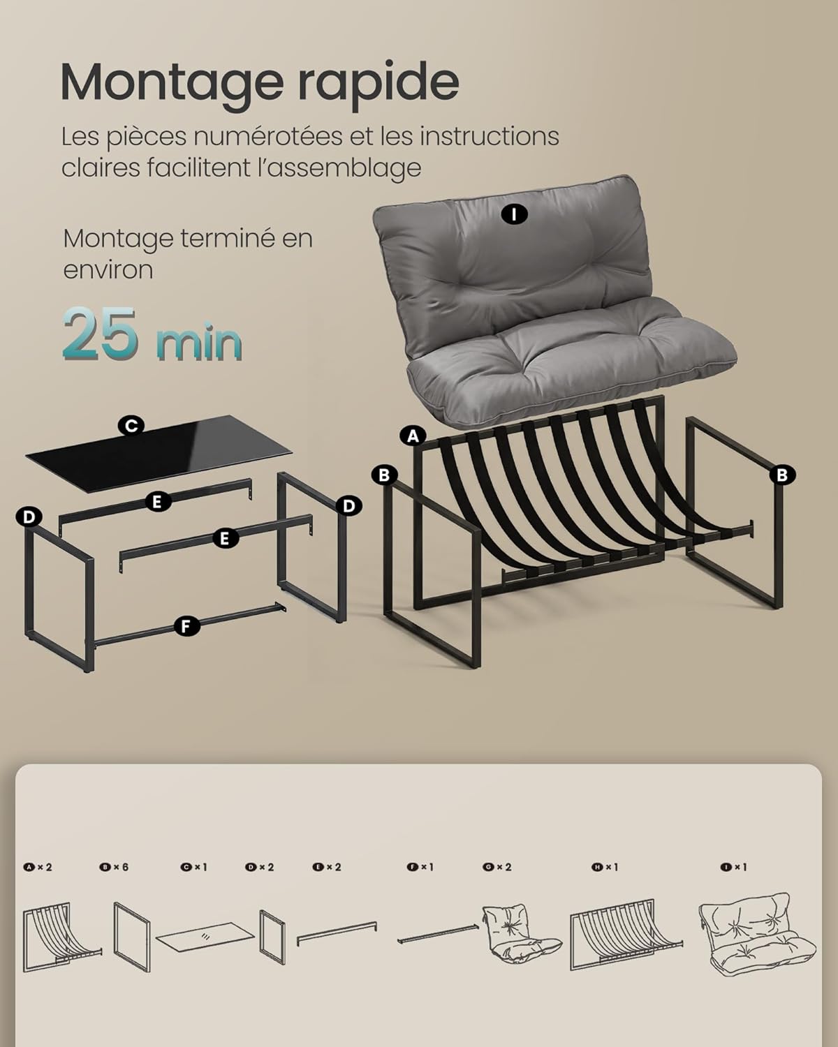 Detalle 2 de Salon de jardin SONGMICS 4 pièces (2 fauteuils, table, banquette) en acier gris avec coussins rembourrés
