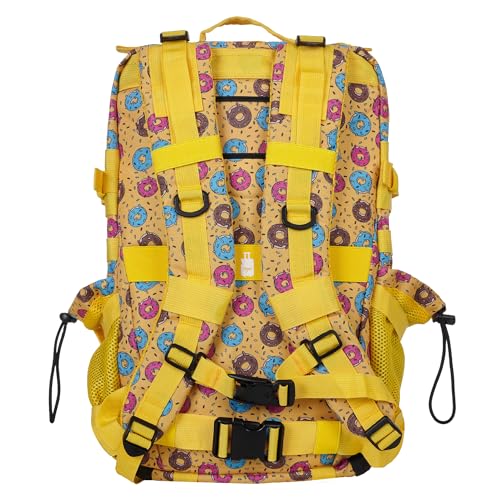 Detalle de Mochila Táctica 45L ELITRAINX – Cabina avión, Oxford 1000D impermeable, bolsillo para zapatillas y ordenador, Amarillo Donuts