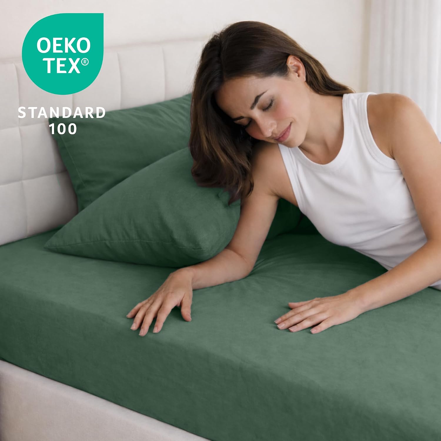 Thumbnail 6 de Dreamzie Drap housse 180x200 en coton jersey extensible, bonnet 30 cm (vert canard) certifié Oeko-Tex