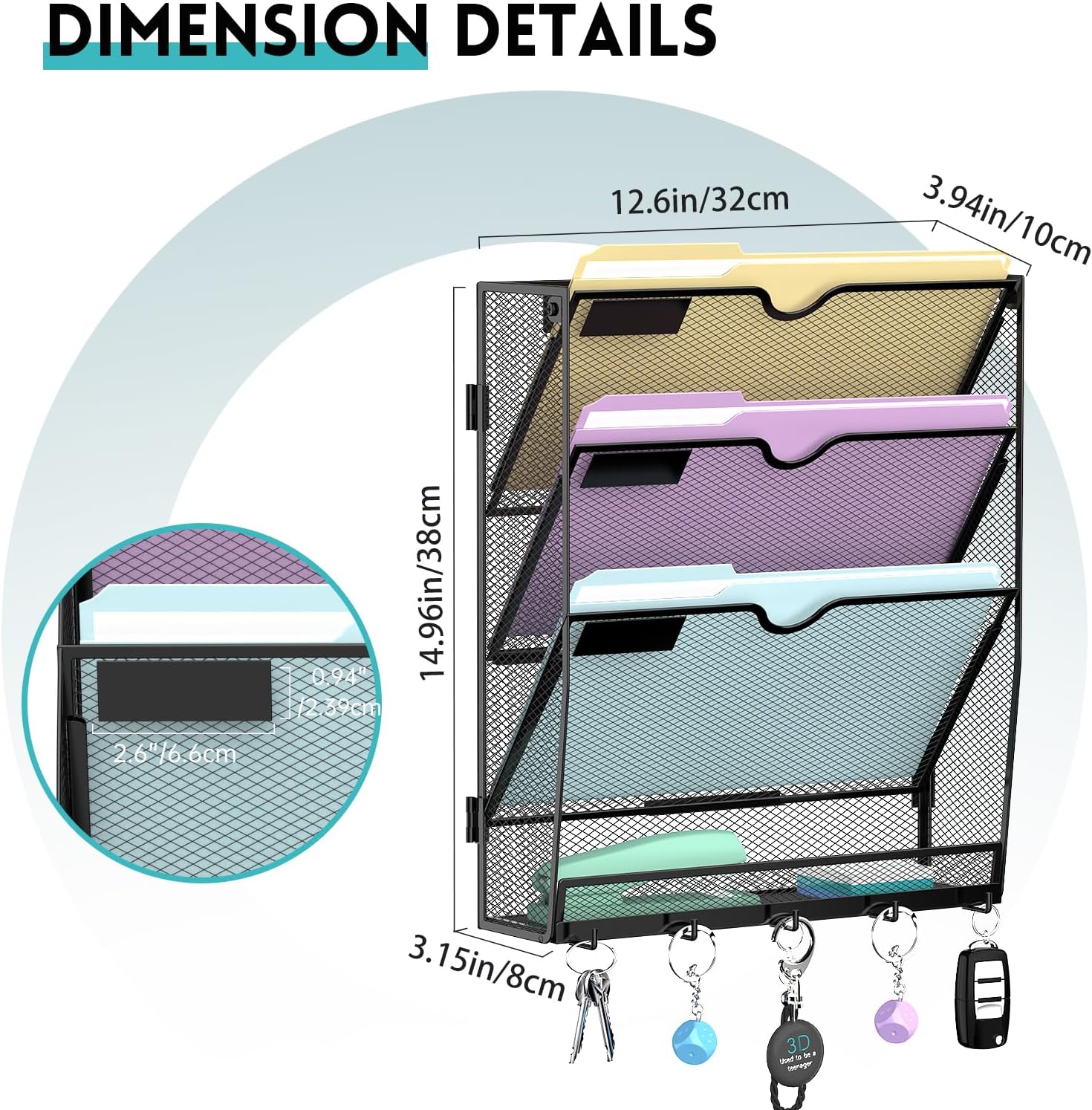 Detalle 2 de ReePlan R4CGQ000023 4-Tier Wall File Organizer with 5 Hooks, Black Metal Mesh