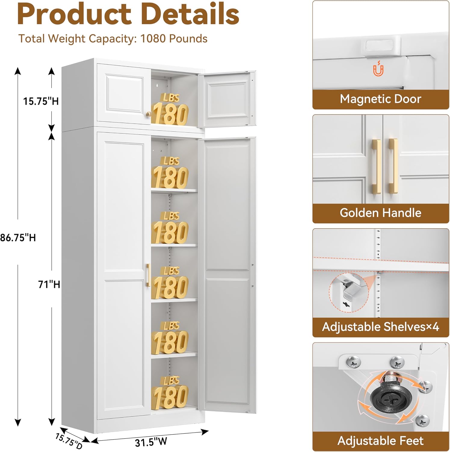 Detalle de Polup YXM 86-Inch Metal Pantry Cabinet, White, with 4 Adjustable Shelves