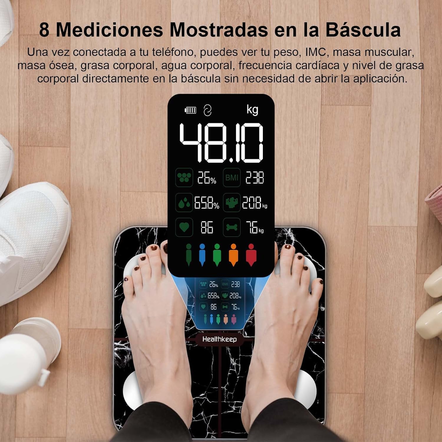 Detalle 2 de Healthkeep Báscula Digital con 15 Datos Corporales y Pantalla Grande 🩺