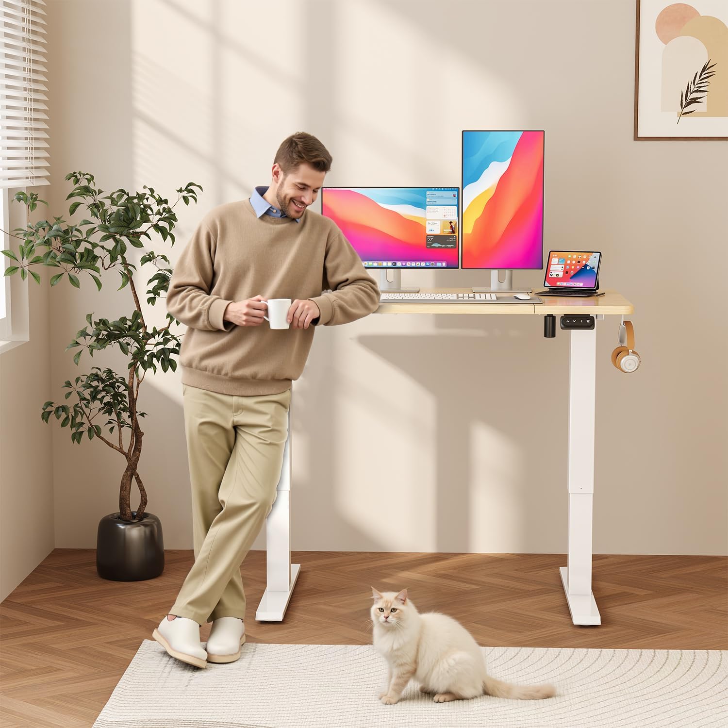 Detalle 2 de JUMMICO Scrivania regolabile in altezza 100×60 cm beige – telecomando a 4 tasti e memoria