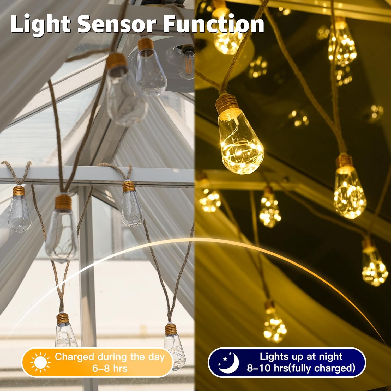 Thumbnail 3 de Ollny Solar Hemp Rope Festoon Lights (6m) with Remote, 16 Shatterproof S17 Bulbs, 160 LEDs, 8 Modes