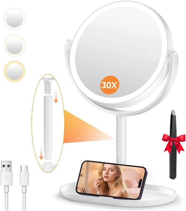 Detalle de Auxmir 30X Magnifying Mirror with Light – 9'' Rechargeable Dual-Sided Vanity Mirror