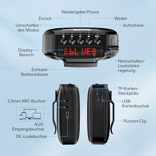 Thumbnail 7 de TONOR Sprachverstärker Tragbar K11 – kabelloser Stimmverstärker mit Bluetooth-Lautsprecher, Mikrofon-Headset und 15 W Leistung