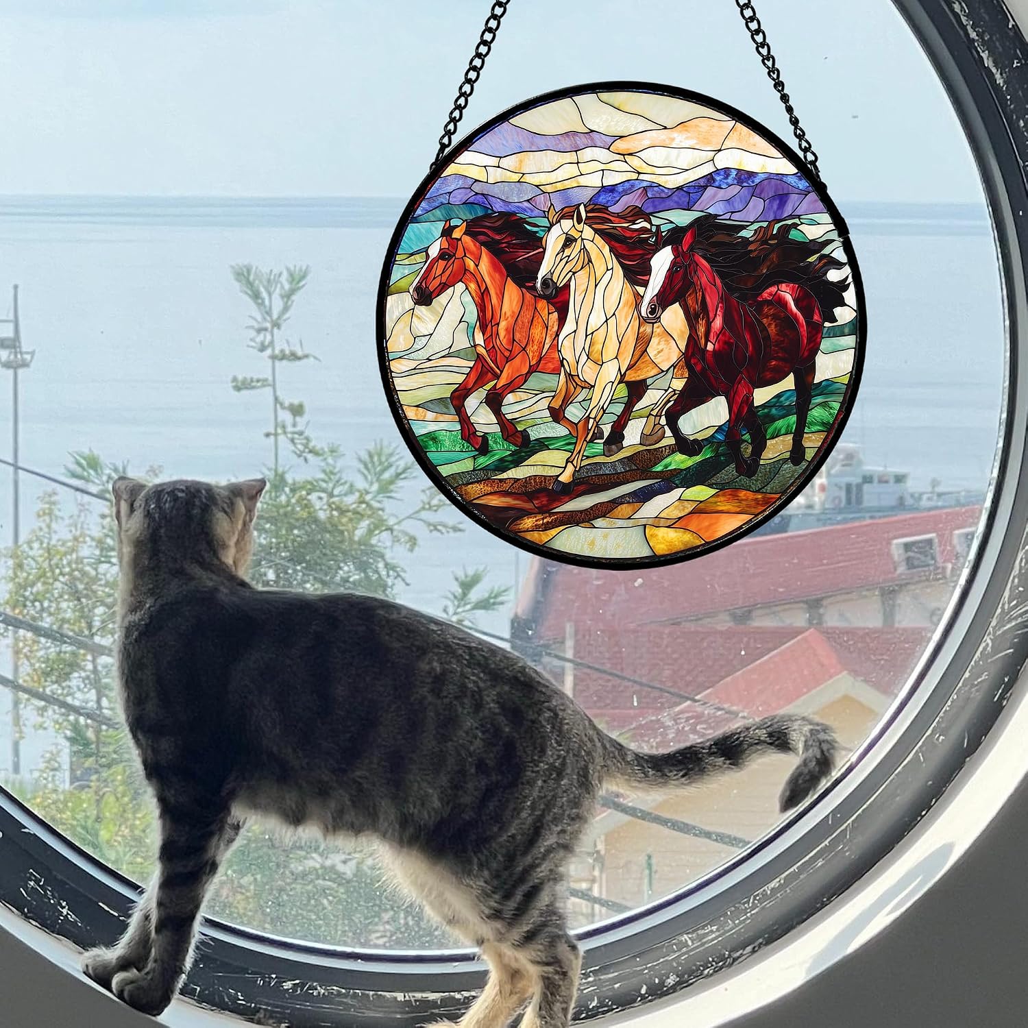 Thumbnail 2 de AMDERVEN 3 Horses Stained Glass Window Hanging, Red-Orange Suncatcher