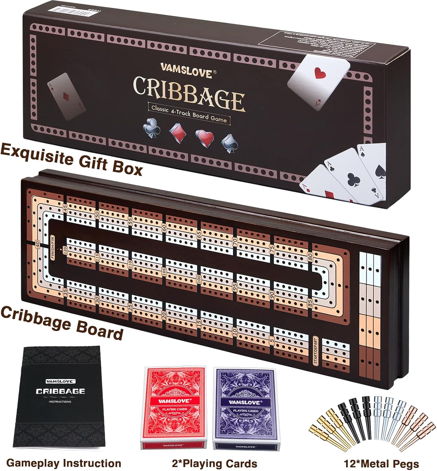 Thumbnail 3 de VAMSLOVE Upgraded Wooden 4-Track Cribbage Board Game with Magnetic Scoreboard