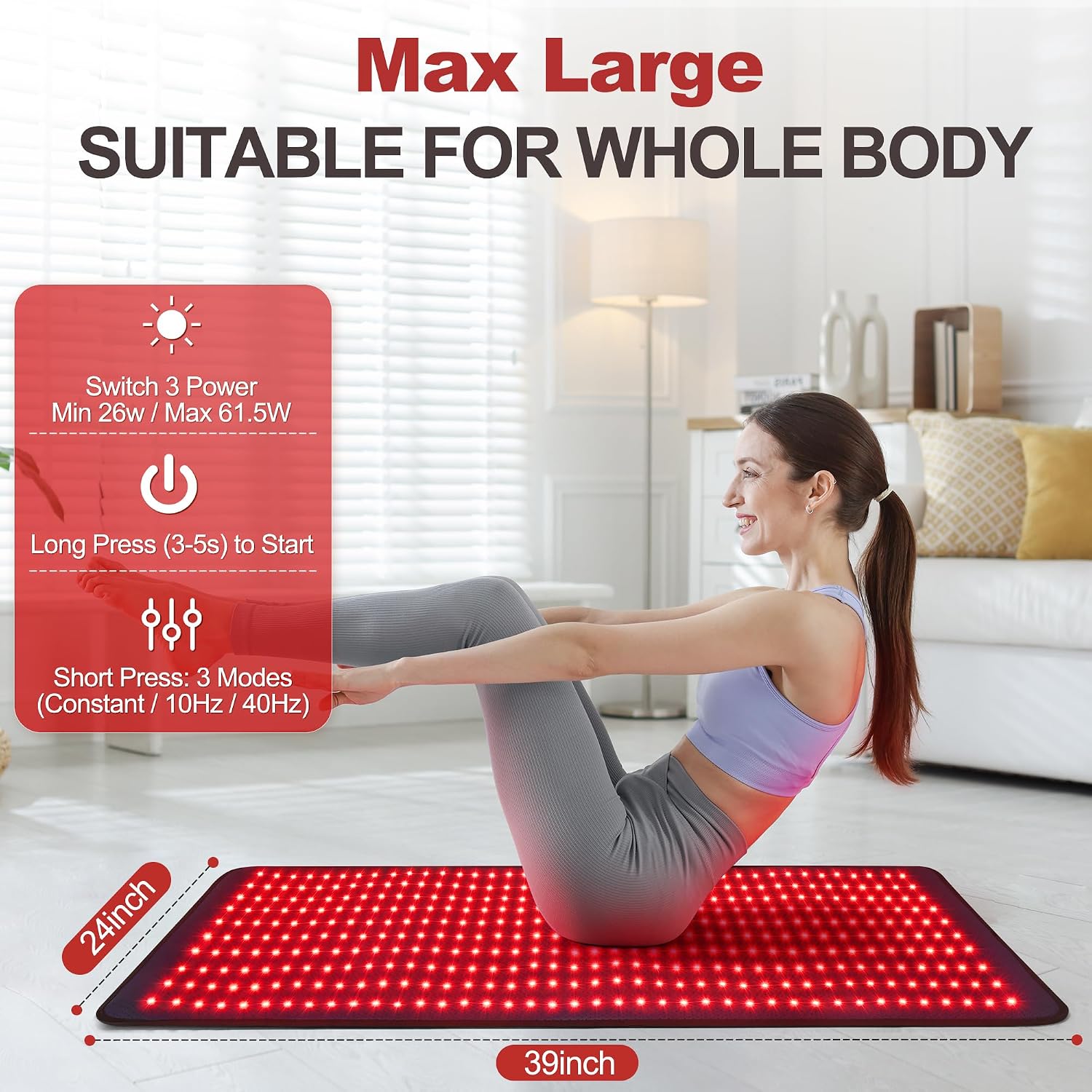 Detalle 2 de Pedete Red Light Therapy Mat for Body (39”×24”) with 660nm/850nm Dual Spectrum, 61W, Timer Remote