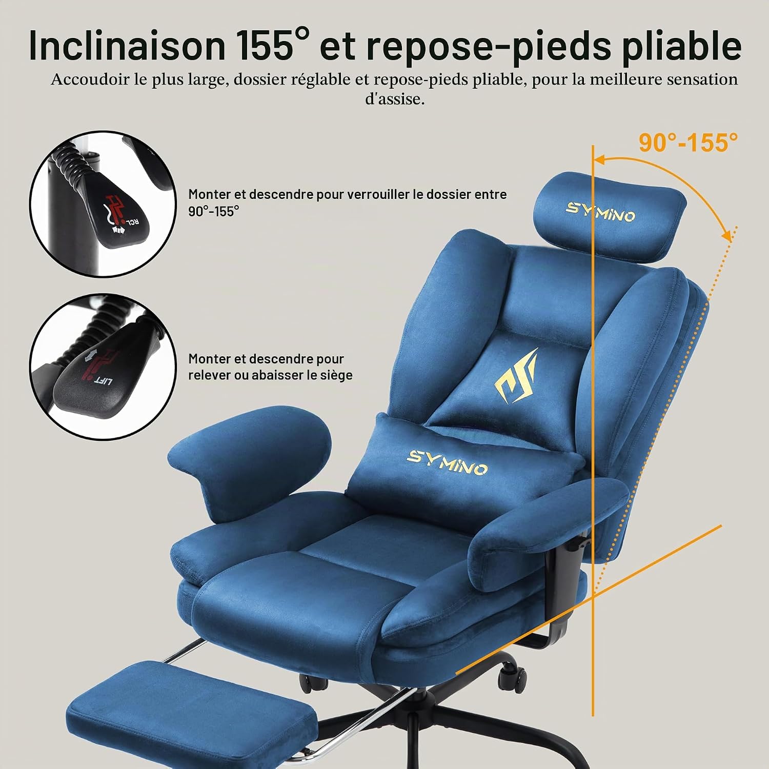 Detalle 2 de Symino SF01 gamingstoel met suède bekleding, voetensteun en kantelfunctie