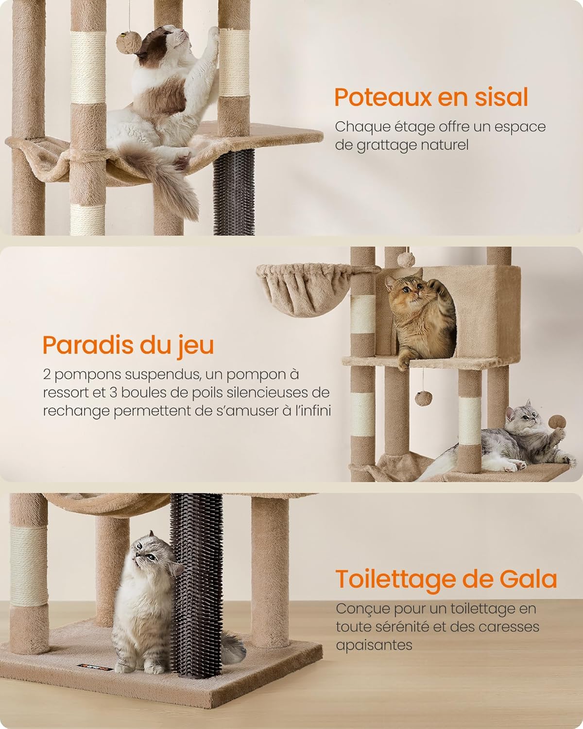 Thumbnail 5 de Feandrea Grand Arbre à Chat, Tour 175 cm – Multi-niveaux avec 2 Niches, 2 Paniers, 5 Griffoirs et Hamac (Marron Camel) PCT182K01