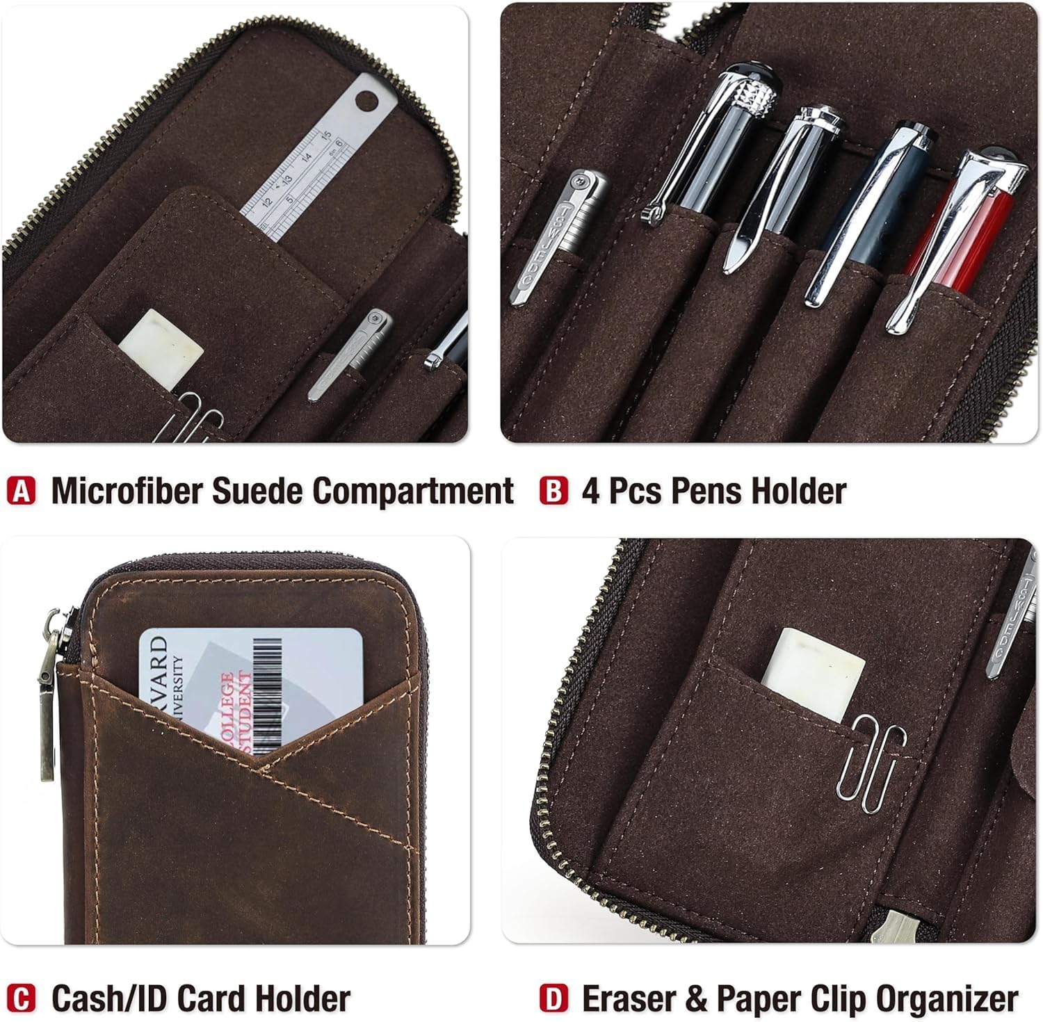 Thumbnail 4 de CONTACTS Leather 4 Slots Pens Case Pouch with Zipper Closure