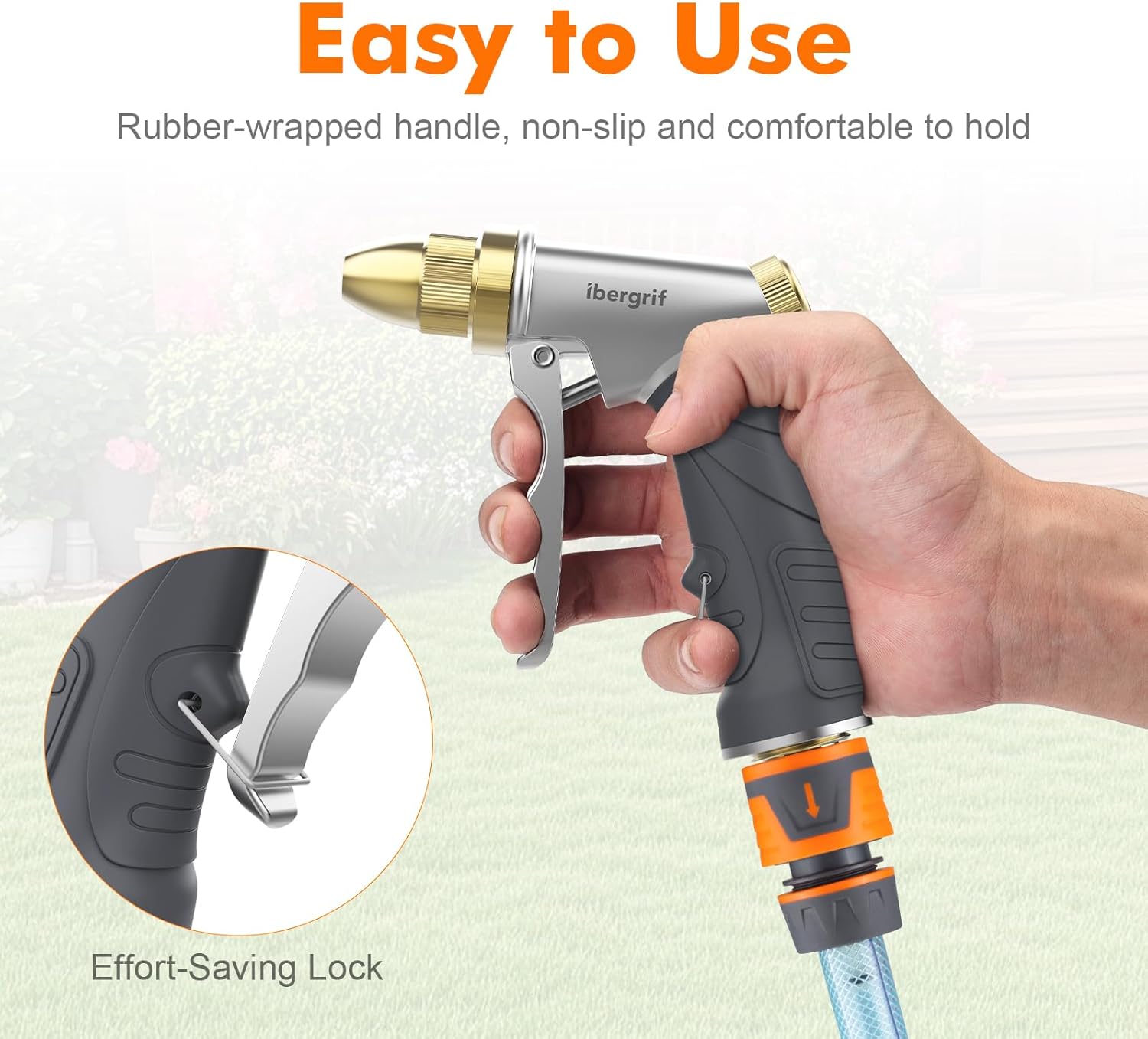 Thumbnail 4 de Ibergrif metal hose pipe spray gun with brass nozzle, 4 patterns and water flow control (grey)