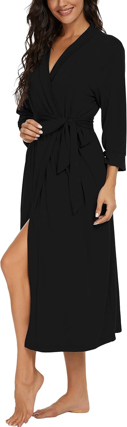 Detalle de PrinStory Damen Bademantel mit 3/4-Ärmeln, V-Ausschnitt & Kimono-Schnitt (leichter Morgenmantel)