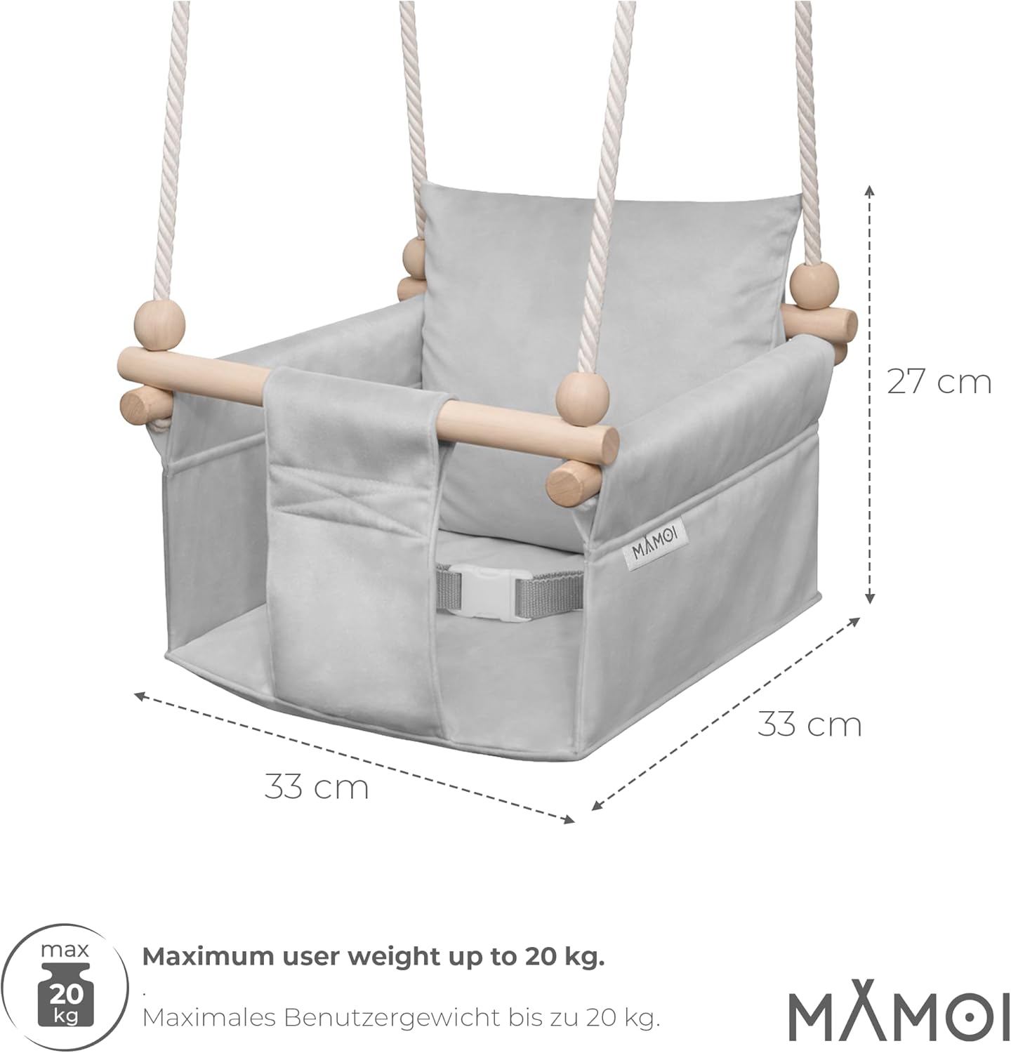 Detalle de Altalena per bambini MAMOI con cintura di sicurezza (6–36 mesi) max 20 kg, montaggio a soffitto per interni