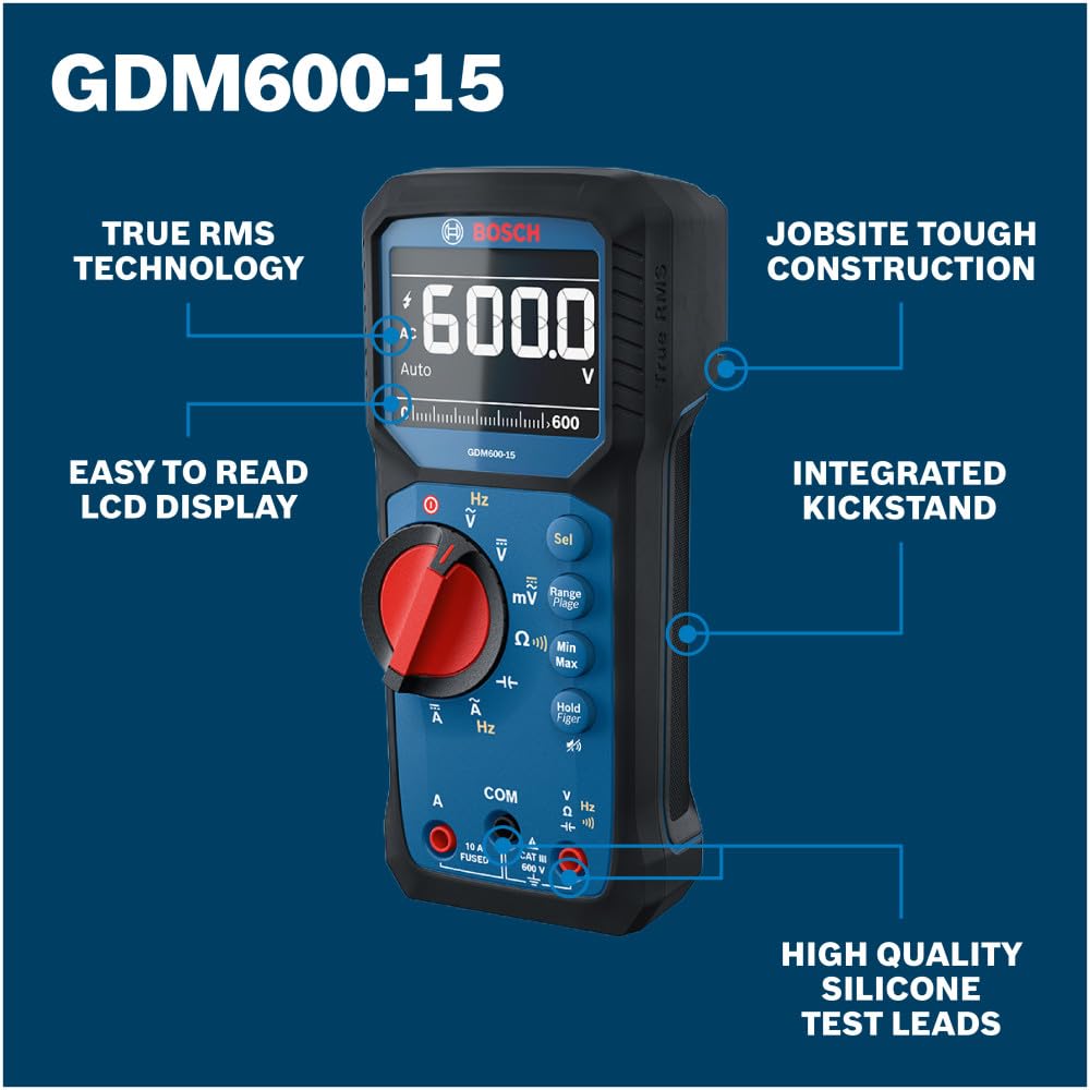 Detalle de Bosch GDM 600-15 True RMS Professional Digital Multimeter, IP65, Inverted LCD