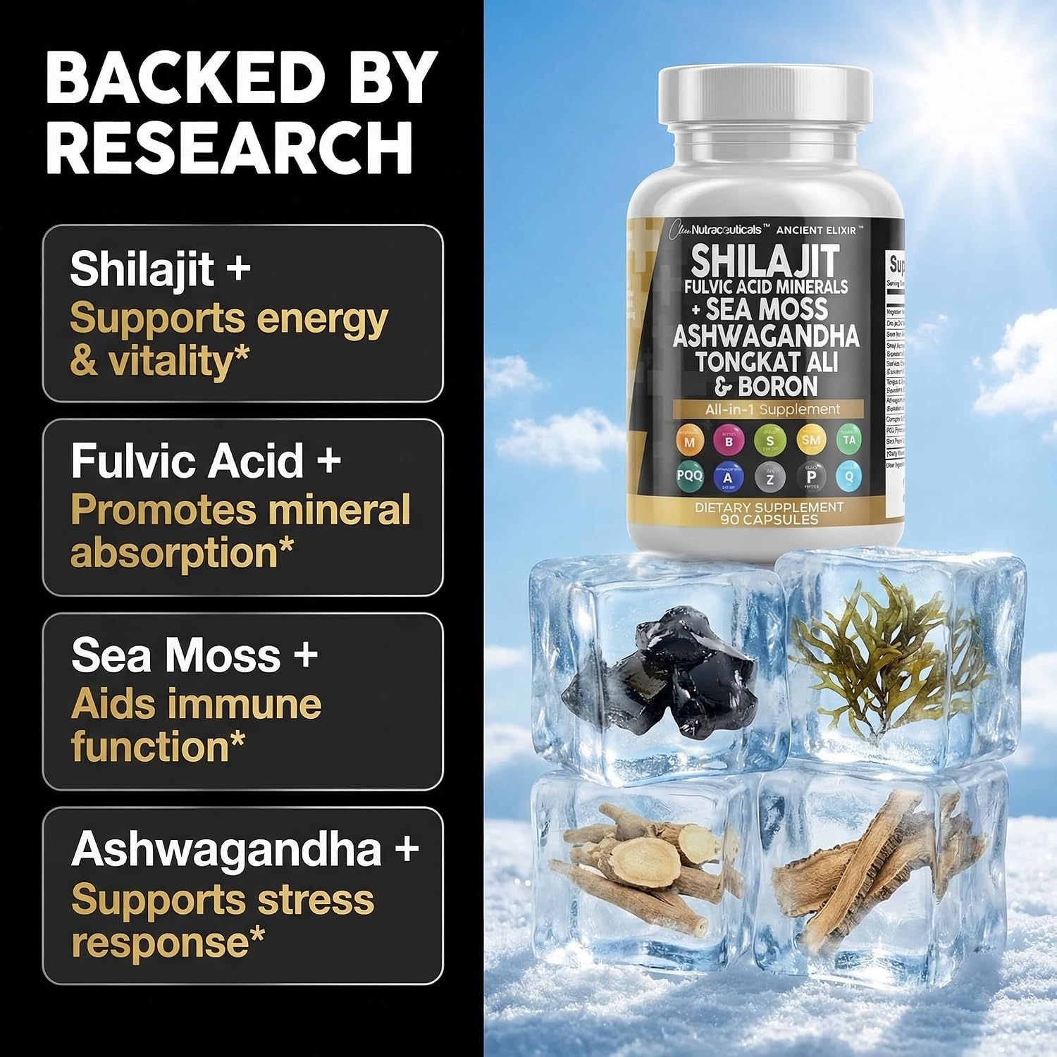 Detalle de Clean Nutraceuticals Shilajit Supplement Capsules with Sea Moss, Tongkat Ali & CoQ10