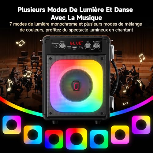 Detalle de HWWR Enceinte Karaoke 2 Micro sans Fil 60W – Système tout-en-un avec LEDs, TWS et autonomie longue