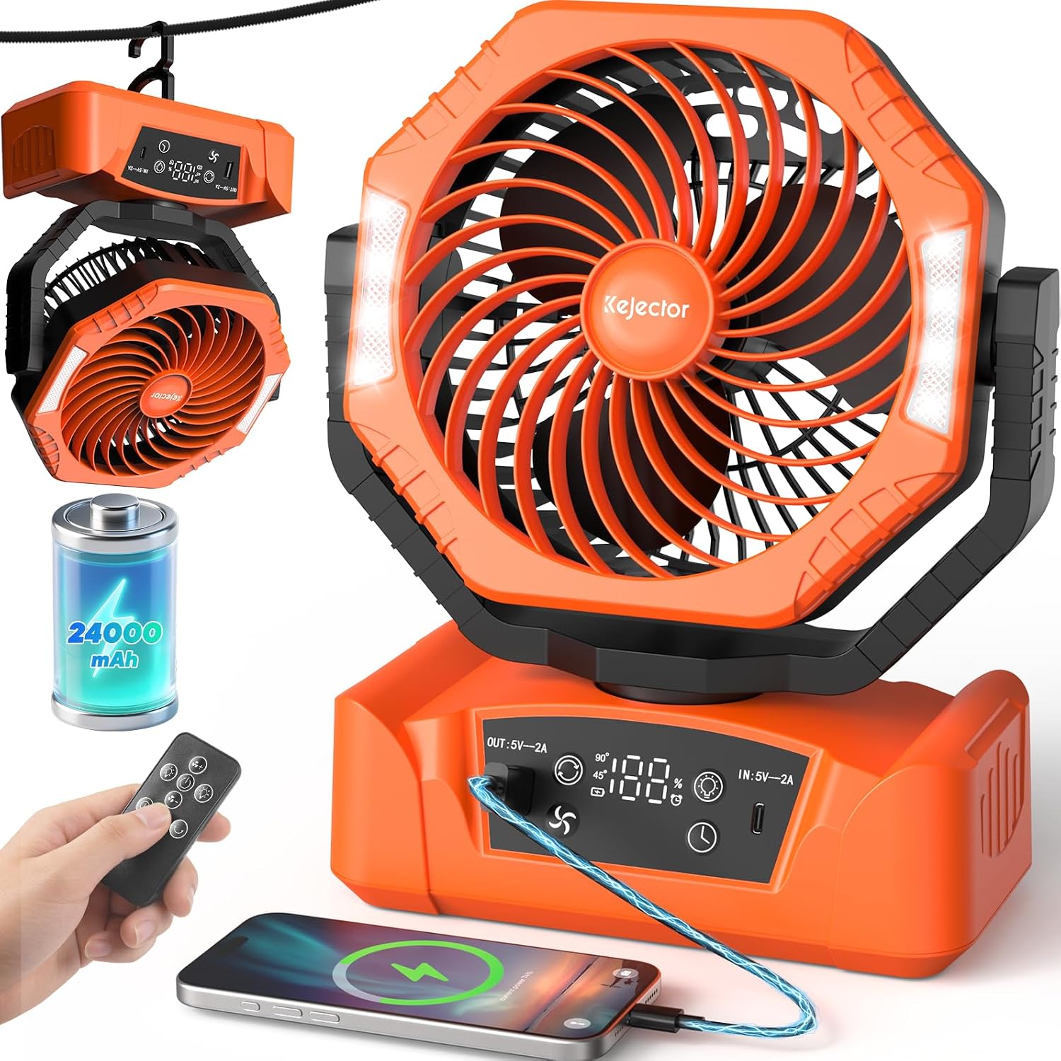 Detalle de kejector campingventilator met 24.000 mAh-accu, ledlicht en afstandsbediening