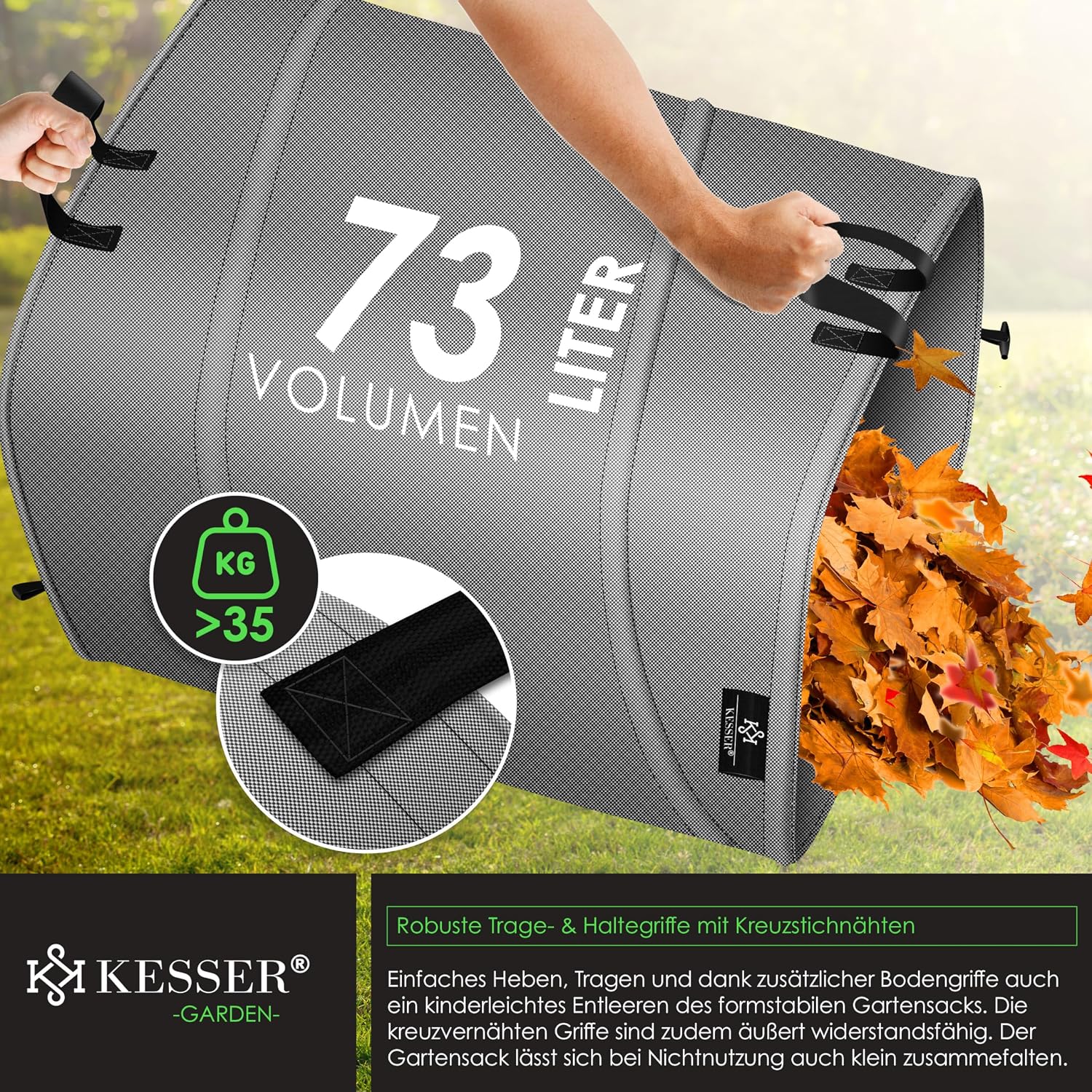 Detalle de KESSER Pop-Up-Gartensack 73L Laubsack – Selbststehend mit Griffe, inkl. Handschuhe