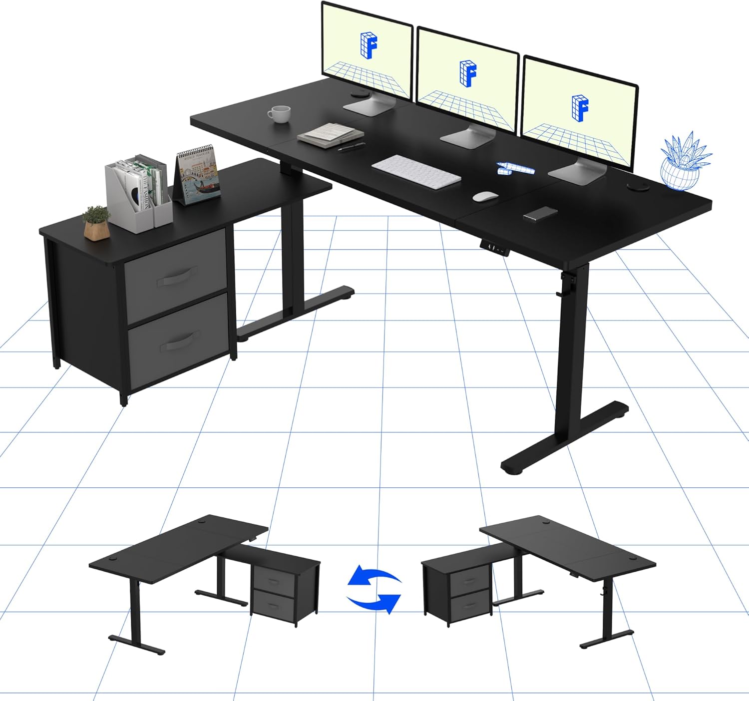 Detalle de FLEXISPOT Bureau Assis Debout en L avec Tiroirs – Réglage mémoire et plateau ergonomique