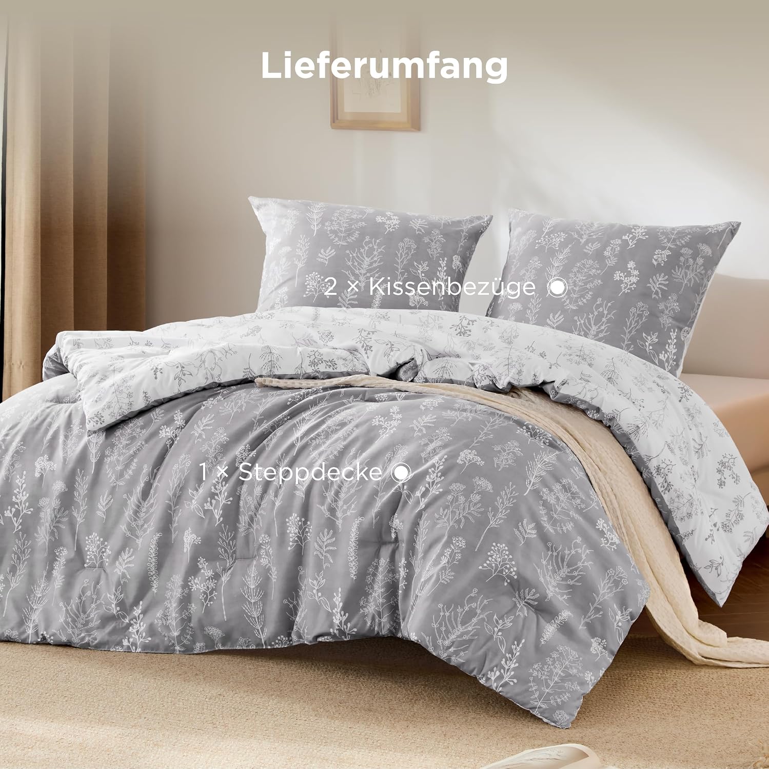 Thumbnail 6 de BEDSURE Bettdecke 155x220 cm mit 2 Kissenbezügen (80x80 cm) – 3-teiliges Set, Allergiker-freundlich, 4 Jahreszeiten Waschbare Mikrofaser, Frostgrau