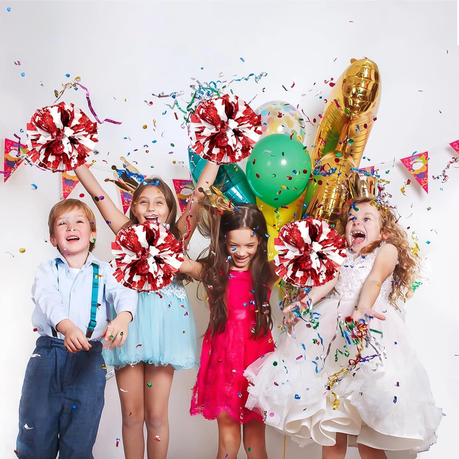 Detalle de CREATIEE-PRO Cheer Pom Poms, 4-Piece Red-and-White Metallic Set