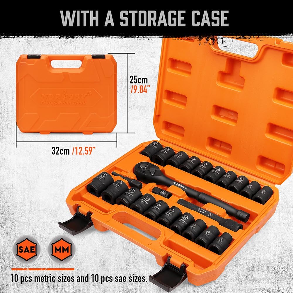 Detalle de HORUSDY 84012 1/2-Inch Drive Shallow Impact Socket Set, SAE and Metric, 6-Point