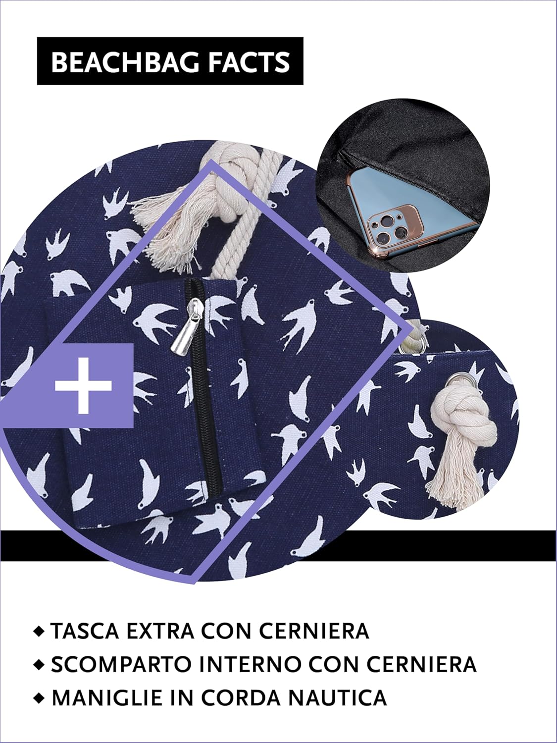 Detalle de DonDon Borsa da spiaggia grande con chiusura zip 58 x 38 x 18 cm, shopper yacht style